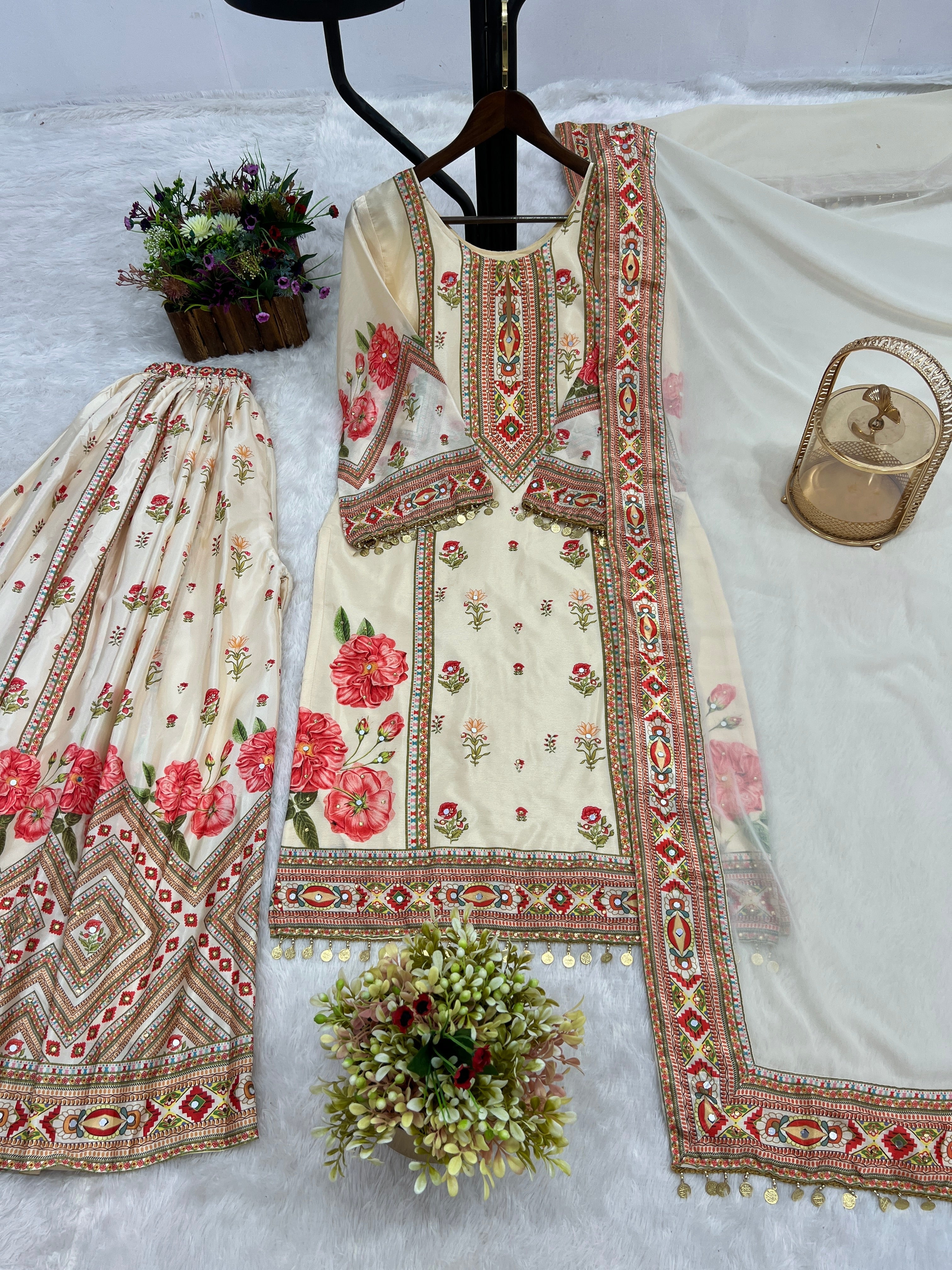 Top-Sharara And Dupatta With Digital Print With Latkan Lace