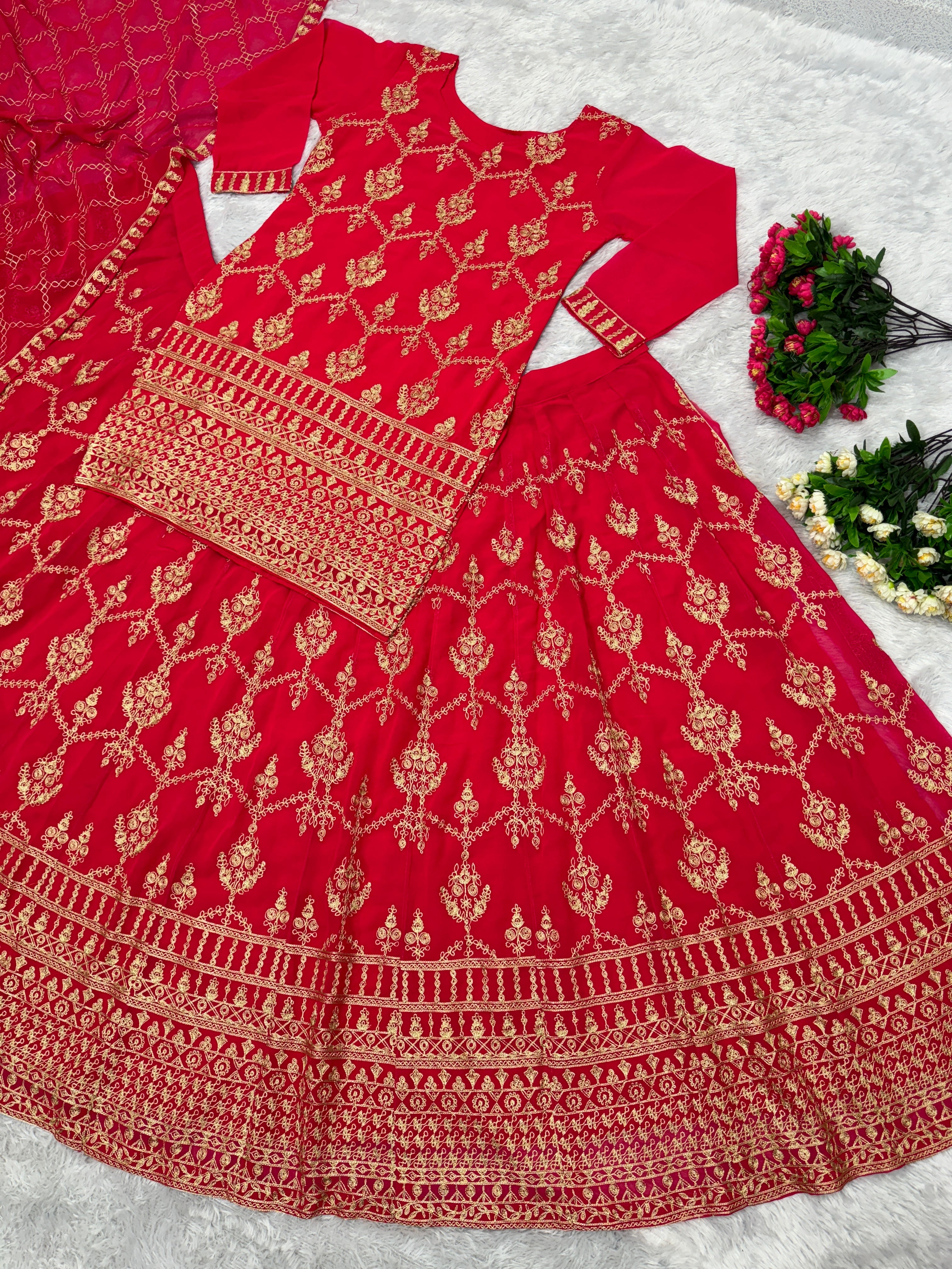 Designer Wear Top Lehenga And Dupatta With Chine Stitch Work