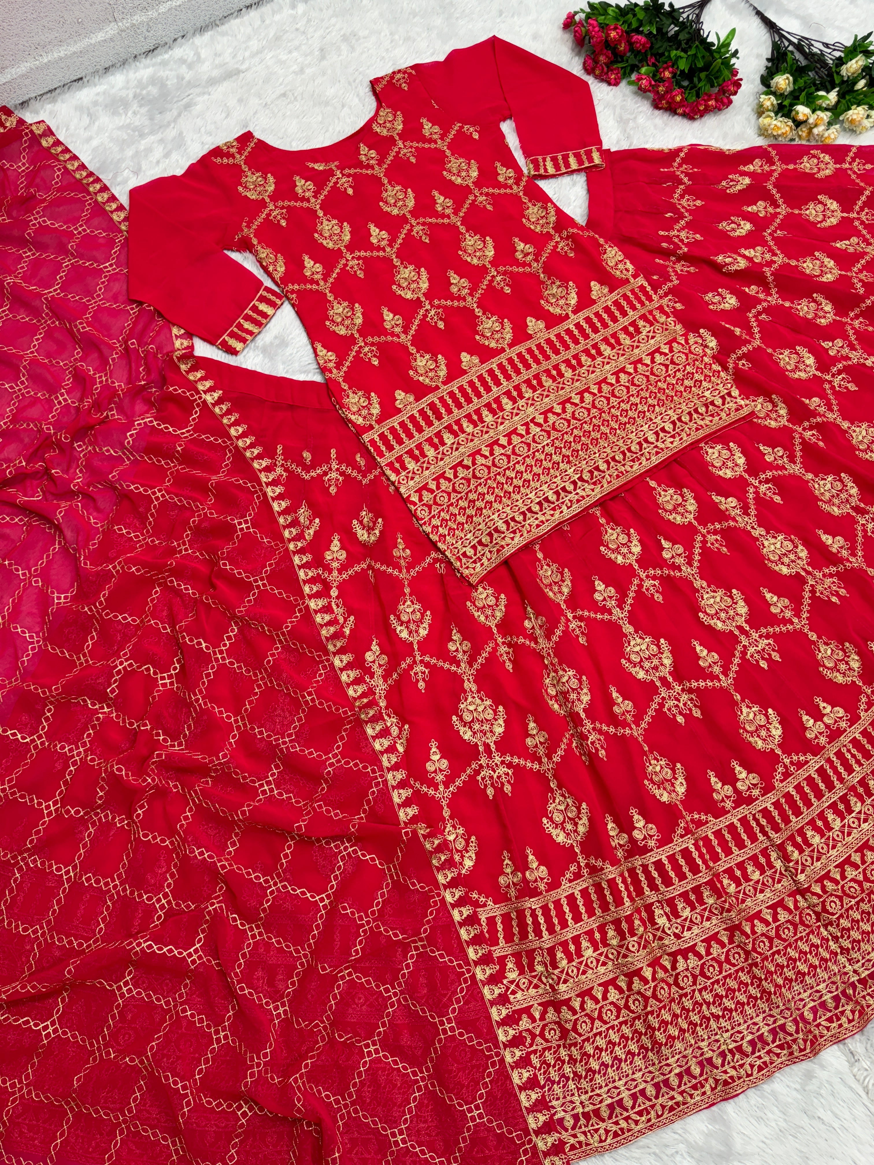 Designer Wear Top Lehenga And Dupatta With Chine Stitch Work