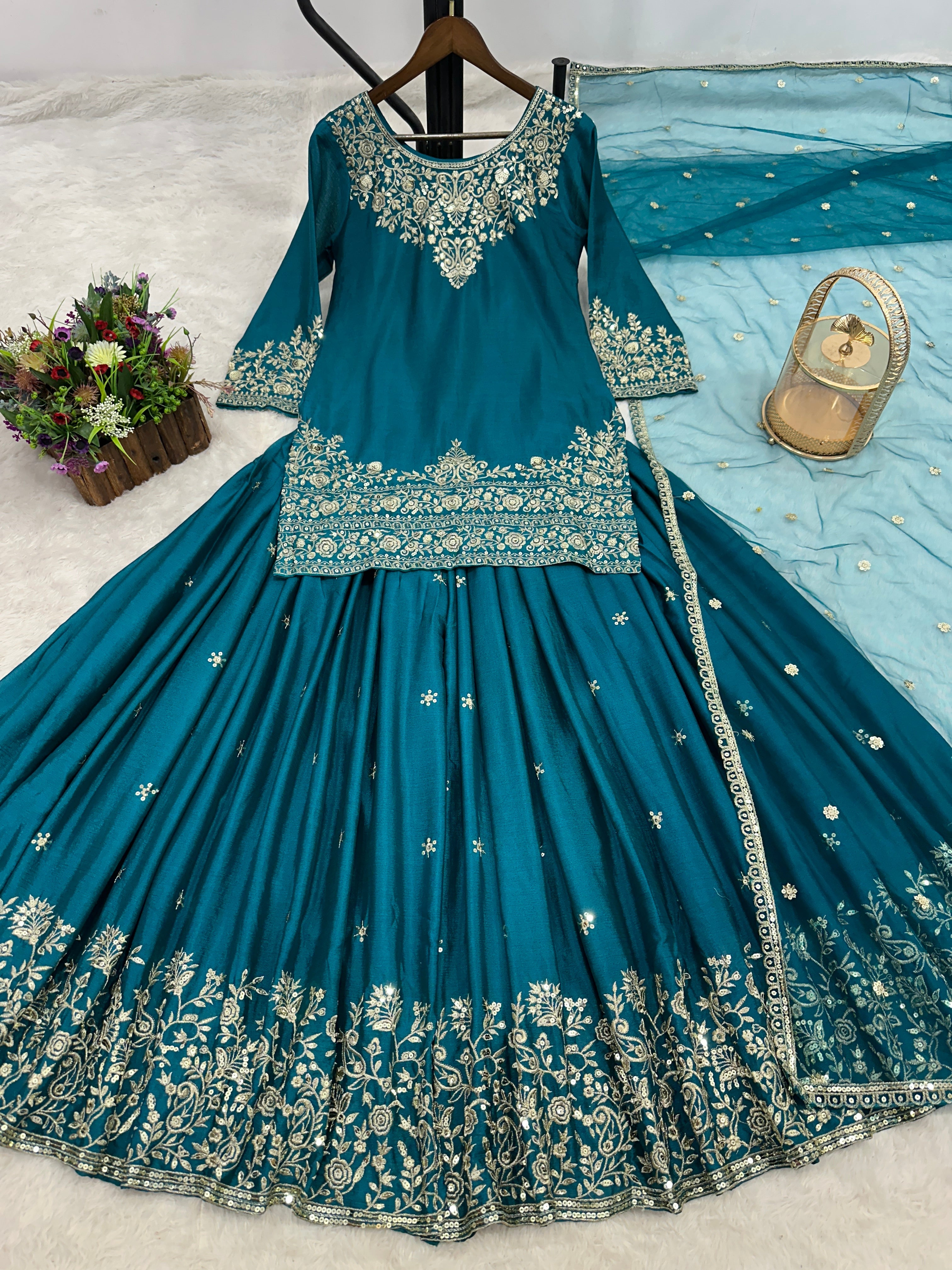 Party Wear Top-Lehenga And Dupatta With Embroidery And Sequins Work