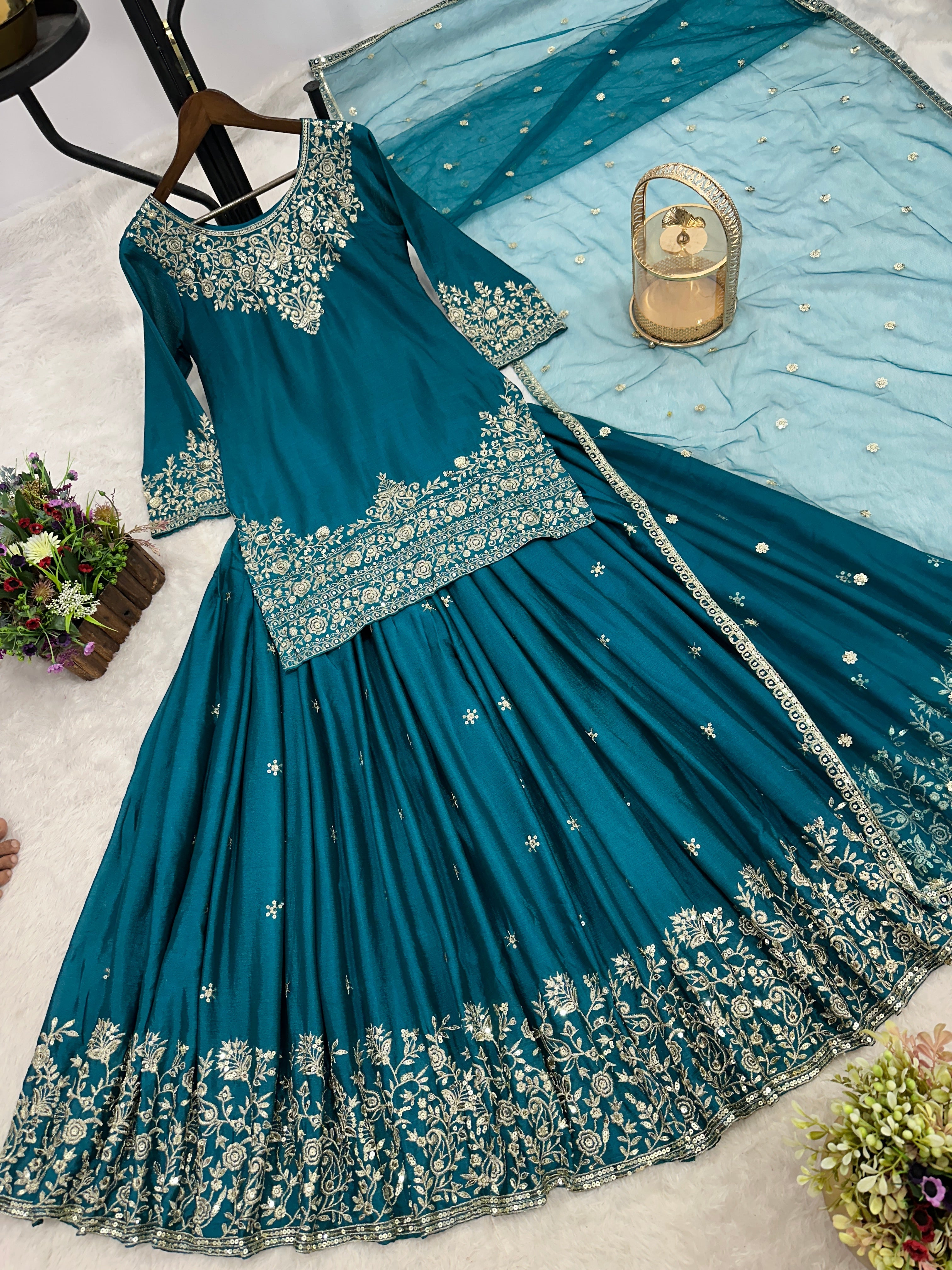 Party Wear Top-Lehenga And Dupatta With Embroidery And Sequins Work