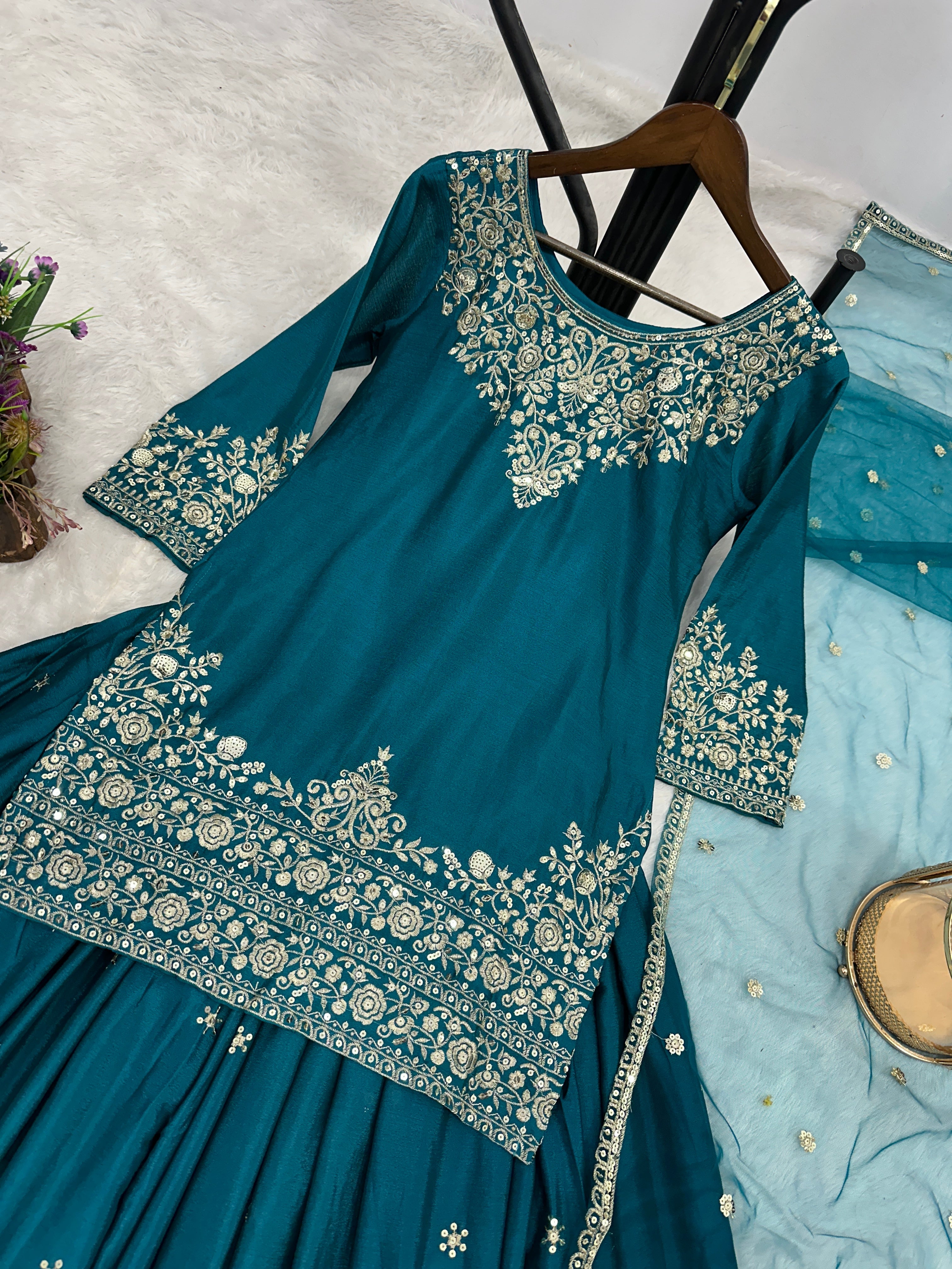 Party Wear Top-Lehenga And Dupatta With Embroidery And Sequins Work
