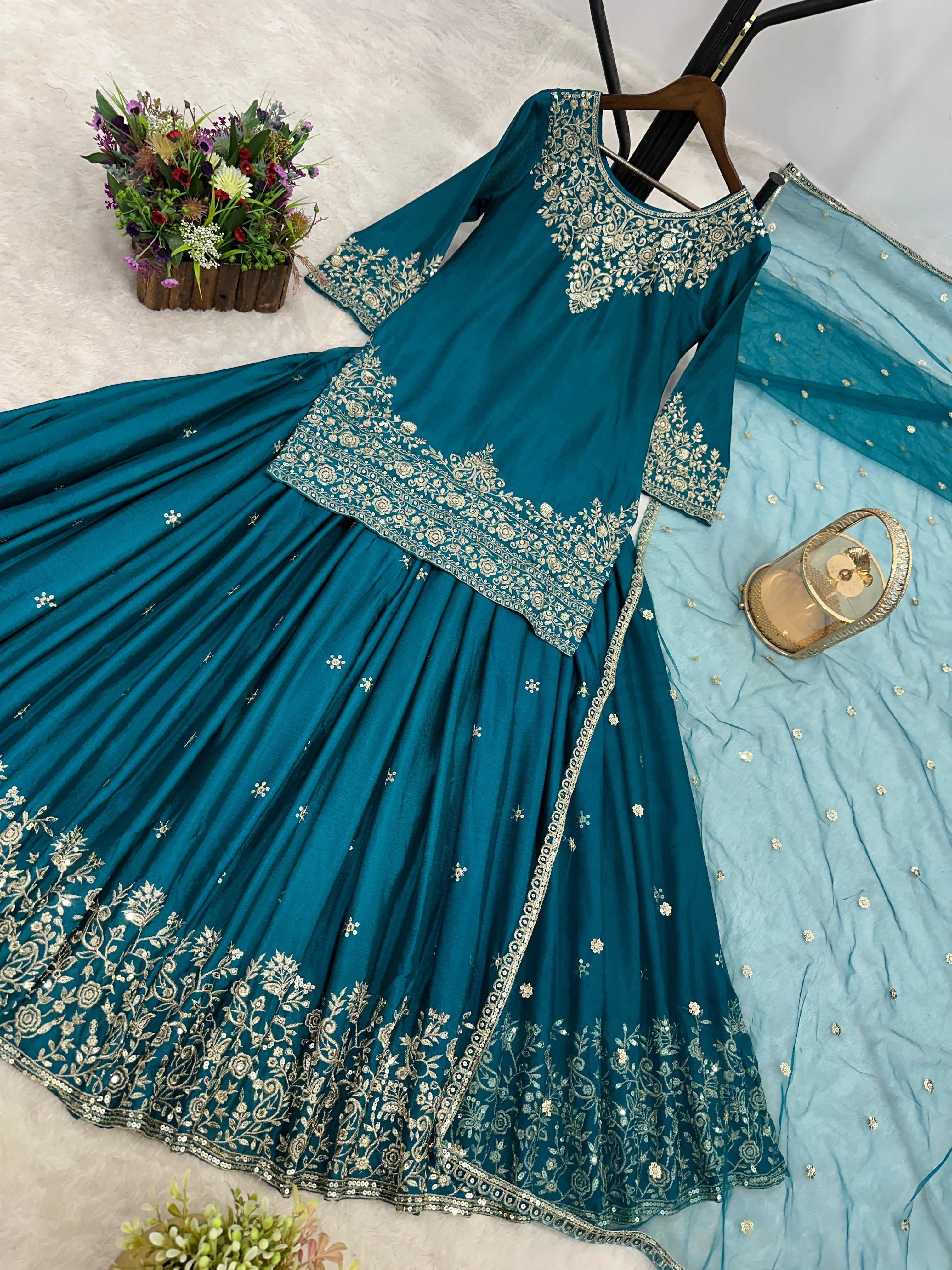 Party Wear Top-Lehenga And Dupatta With Embroidery And Sequins Work