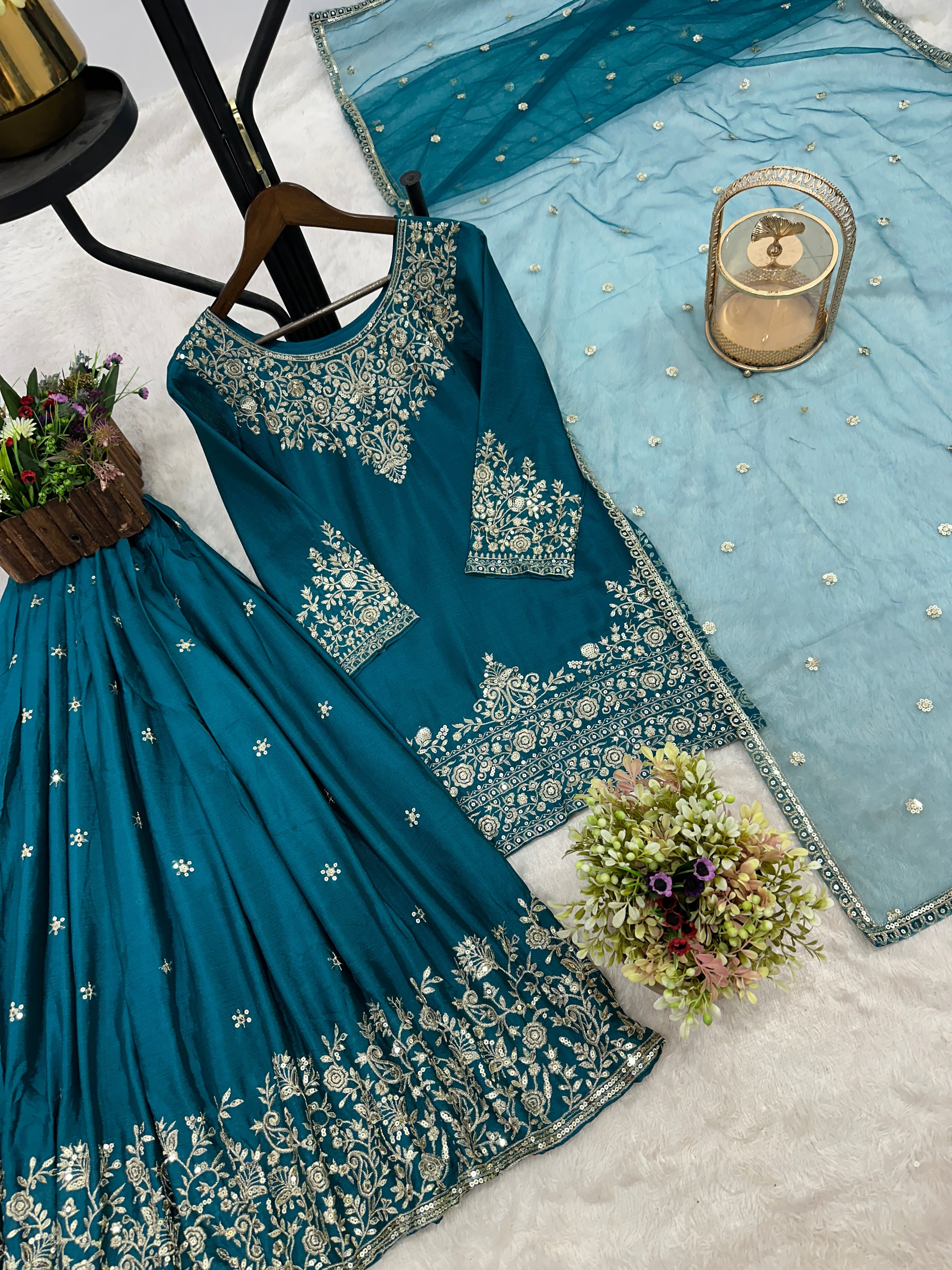 Party Wear Top-Lehenga And Dupatta With Embroidery And Sequins Work