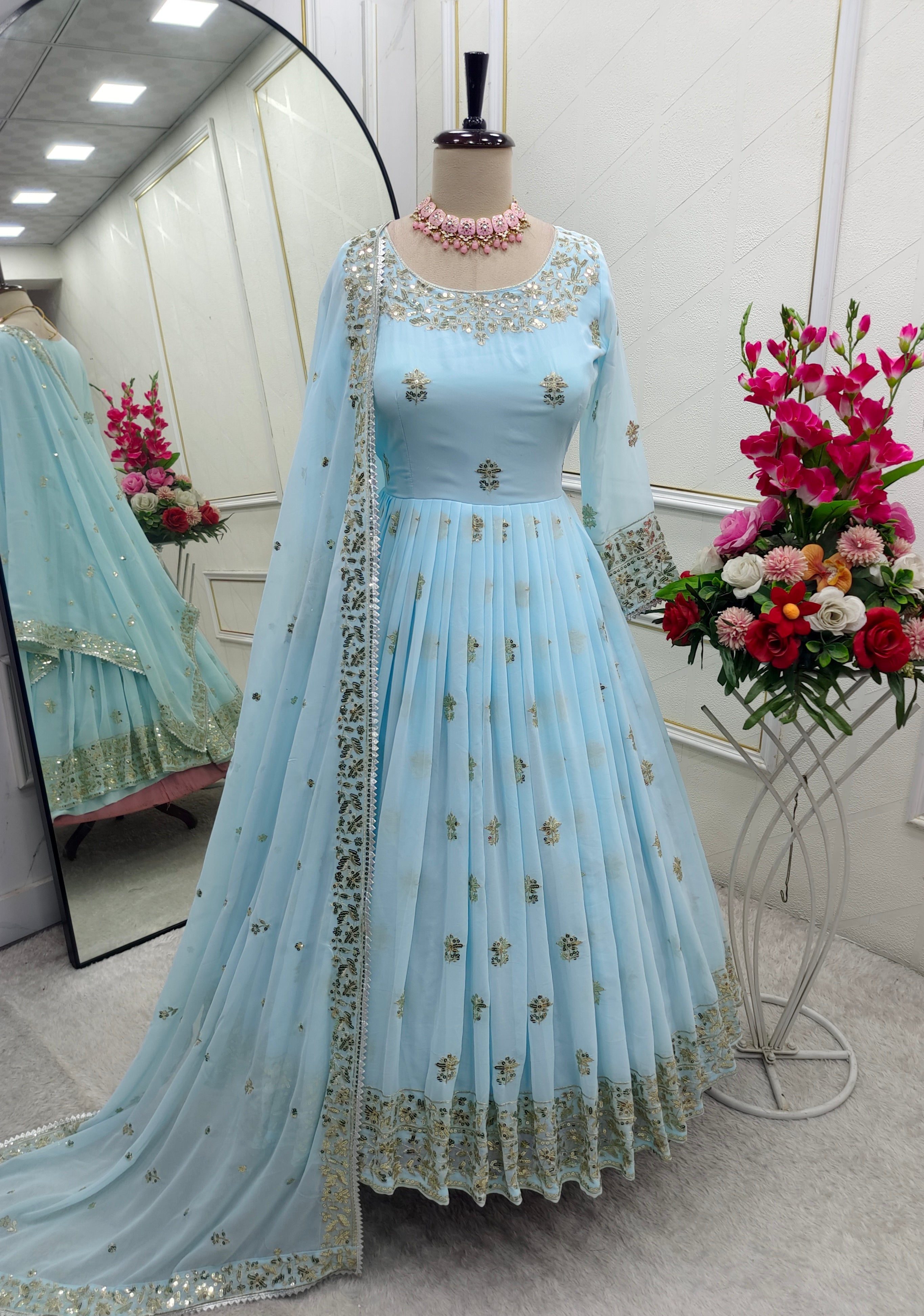 Beautiful Party Wear Gown -Pent And Dupatta With Embroidery Sequence Work