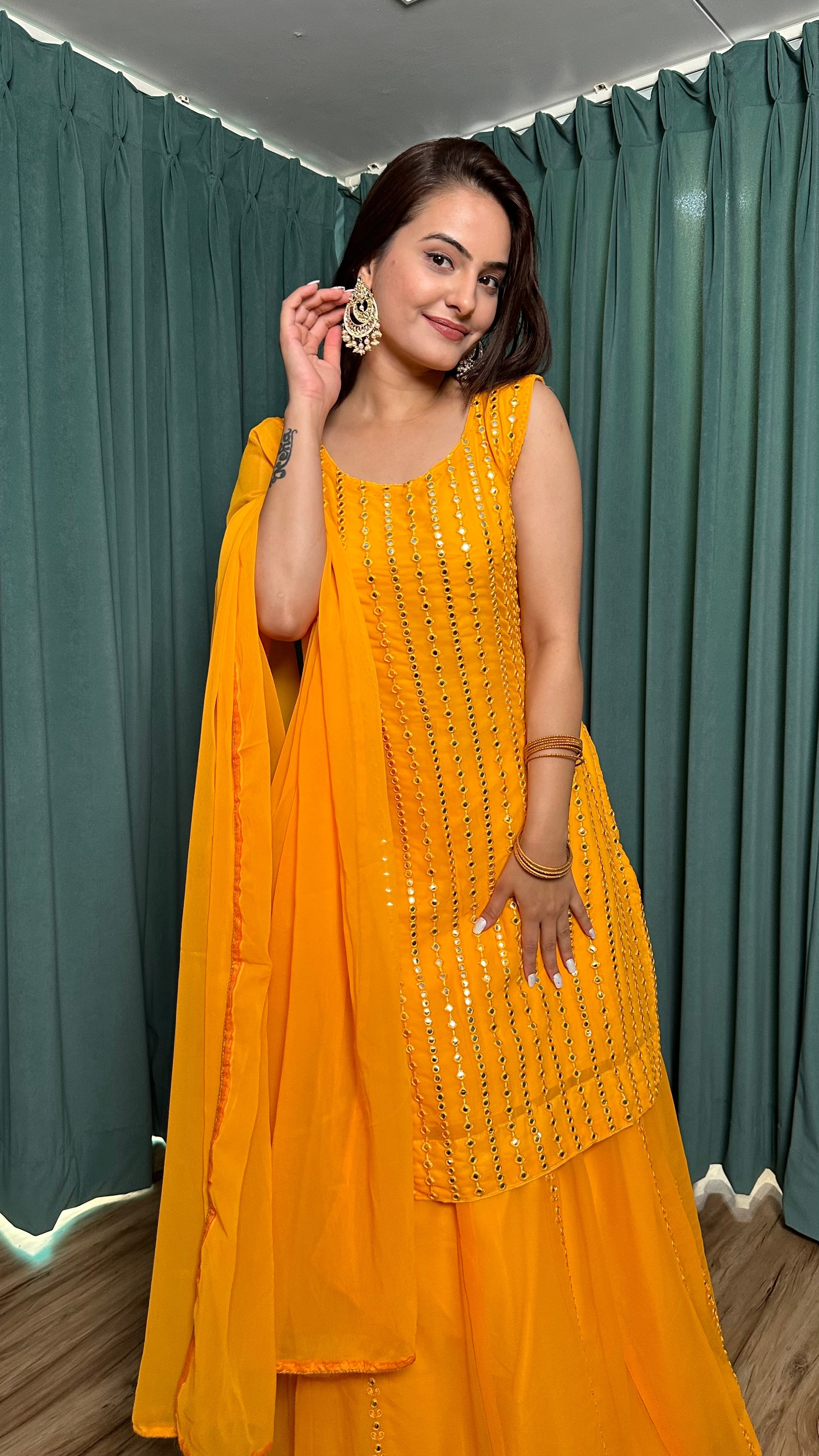 Designer Party Wear Top Bottom And Dupatta With Paper Mirror Work