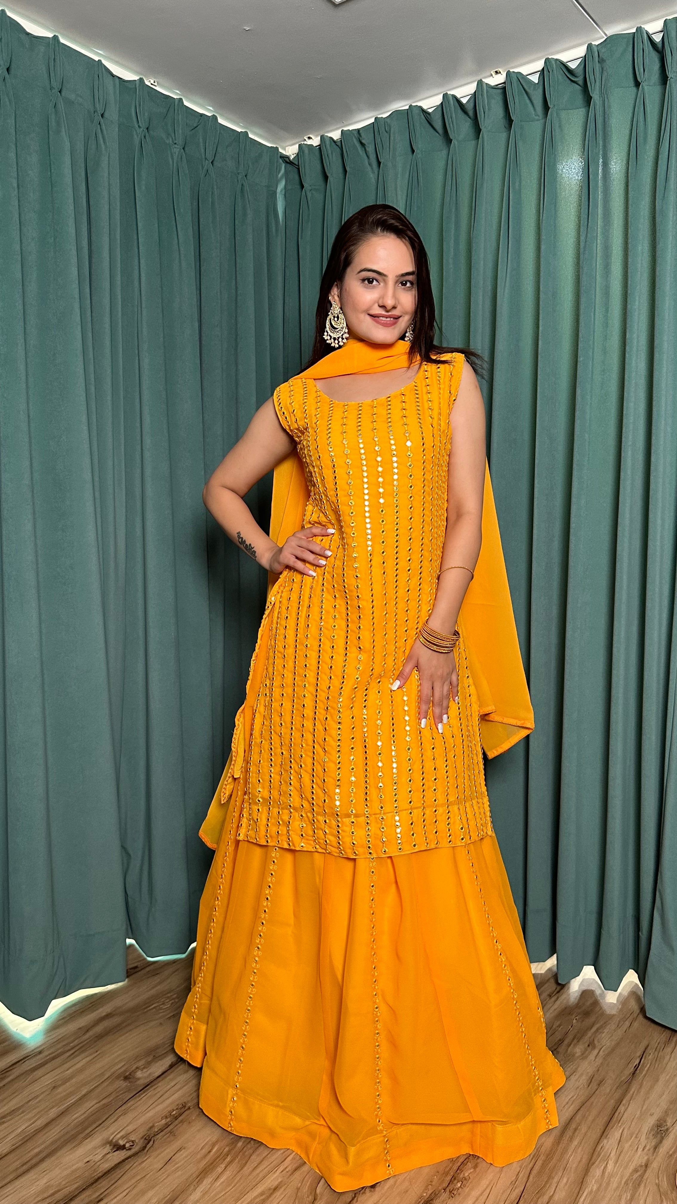Designer Party Wear Top Bottom And Dupatta With Paper Mirror Work