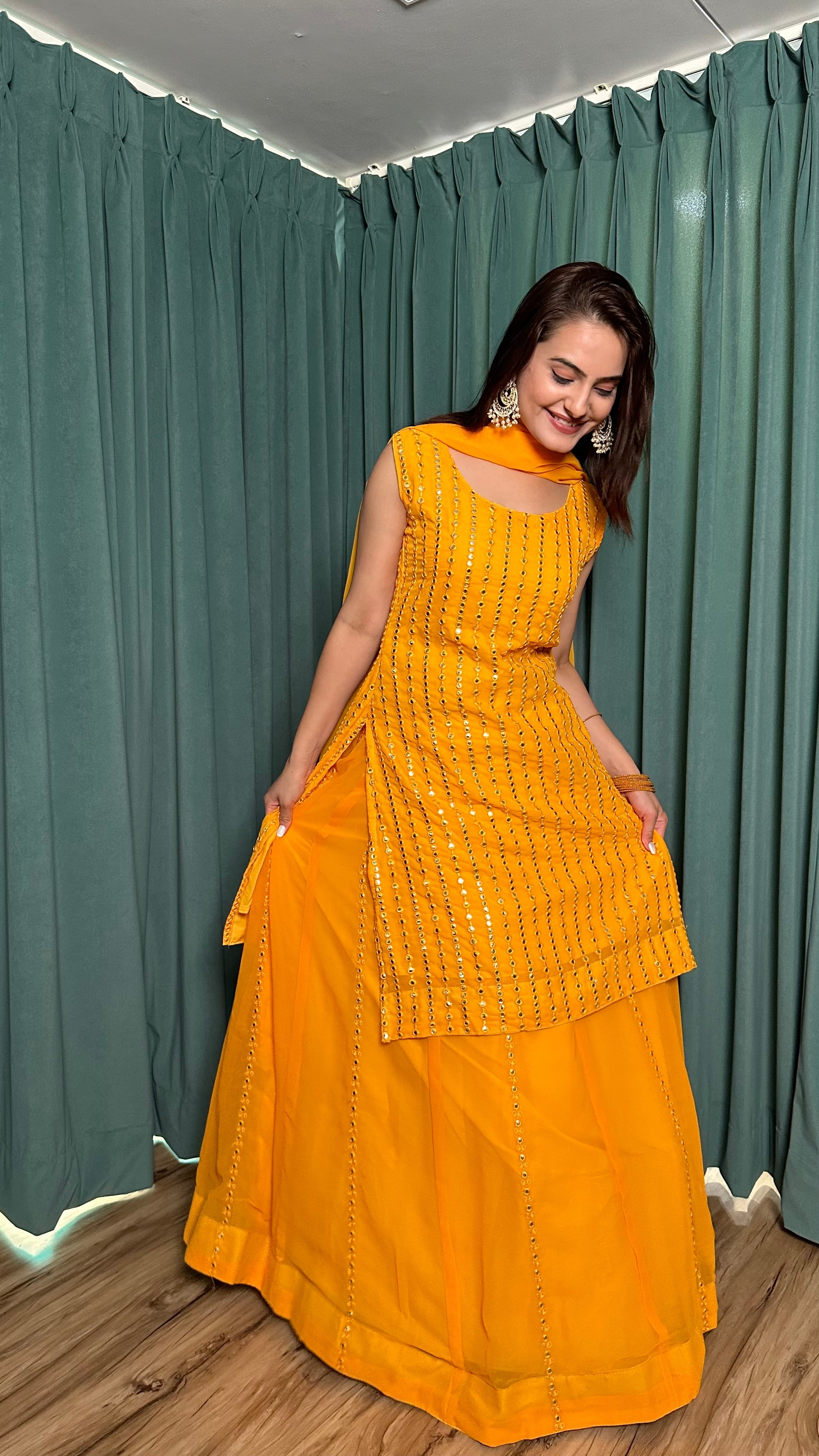 Designer Party Wear Top Bottom And Dupatta With Paper Mirror Work