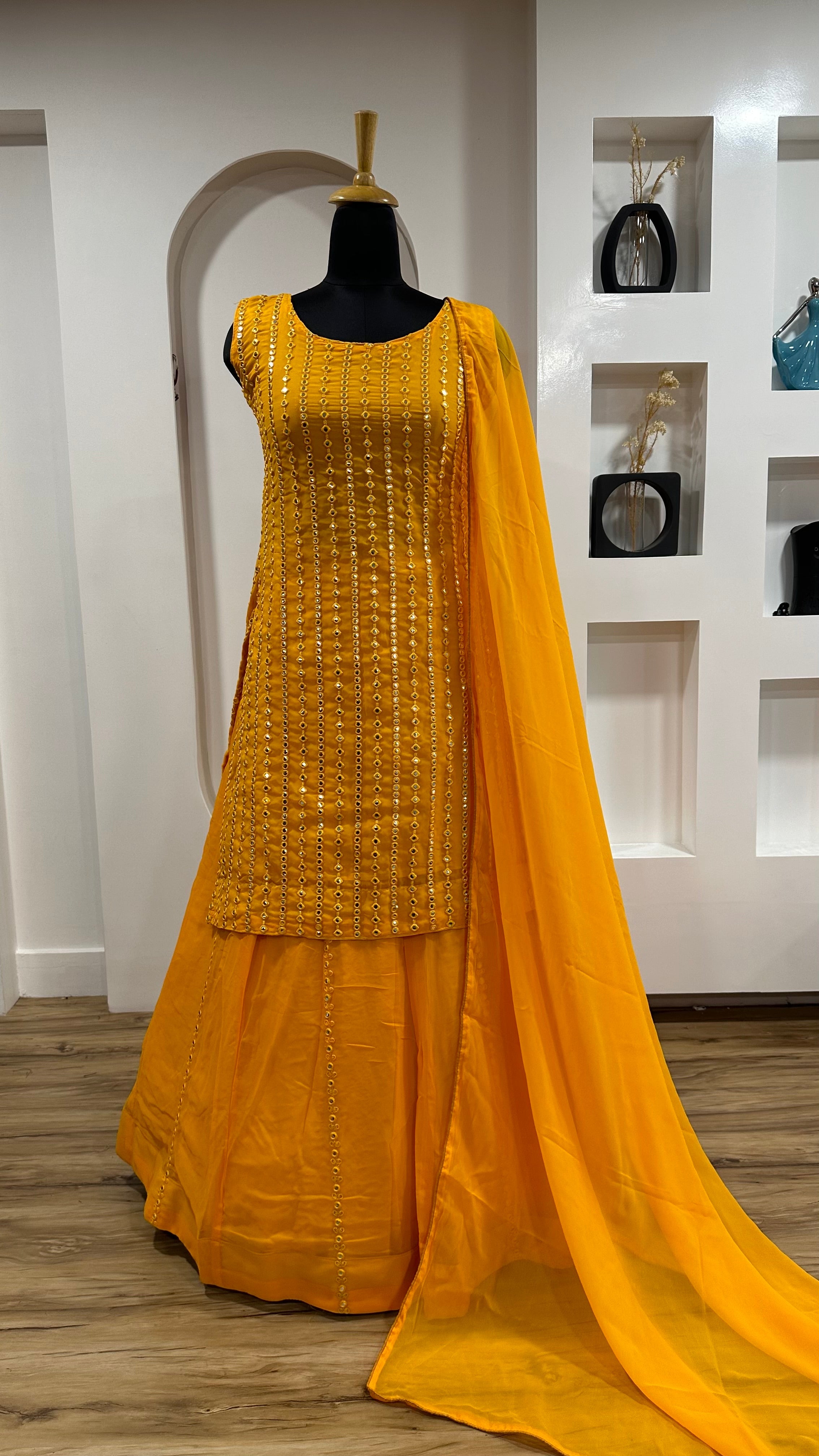Designer Party Wear Top Bottom And Dupatta With Paper Mirror Work