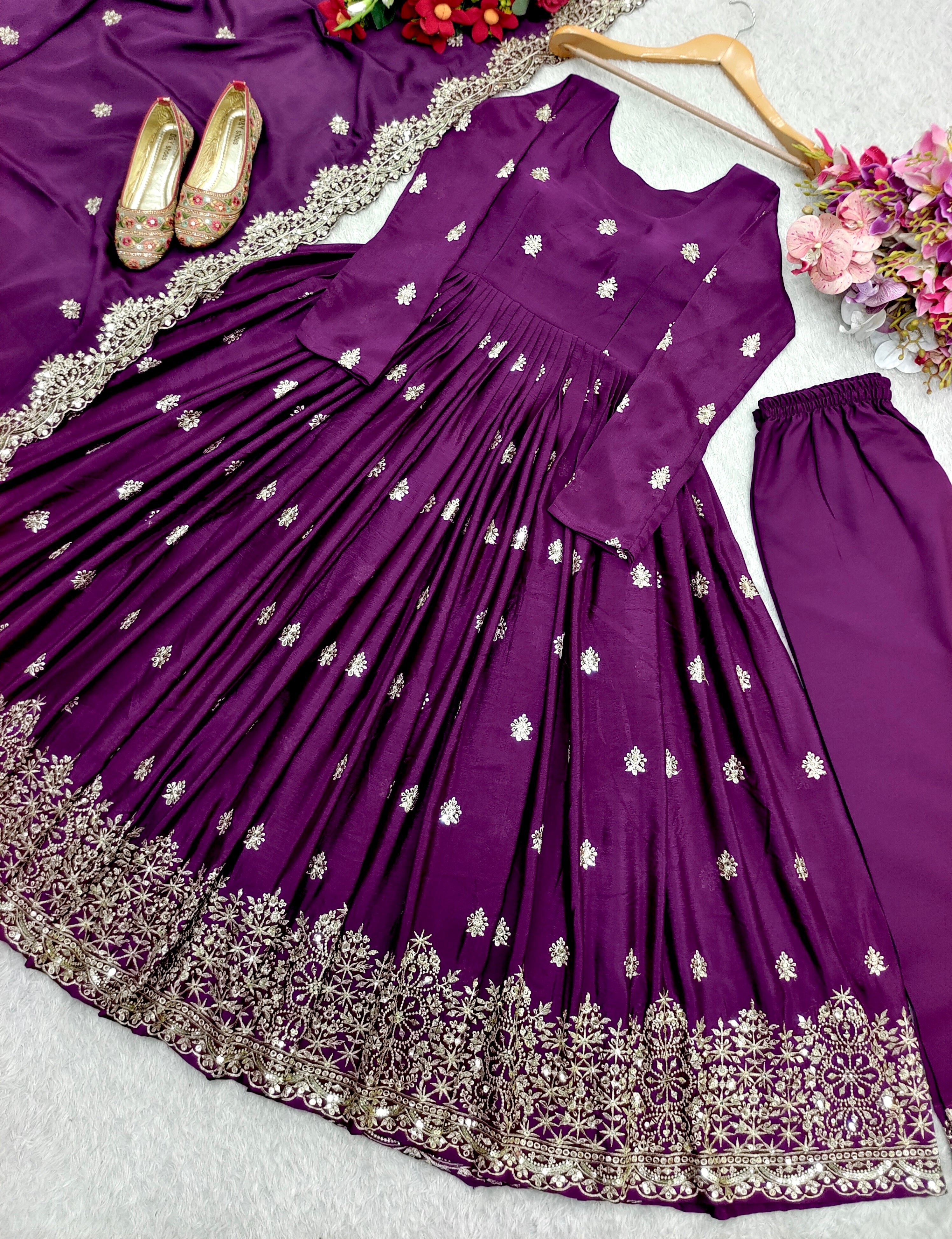Designer Party Wear Gown -Pent And Dupatta With Embroidery Sequence Work