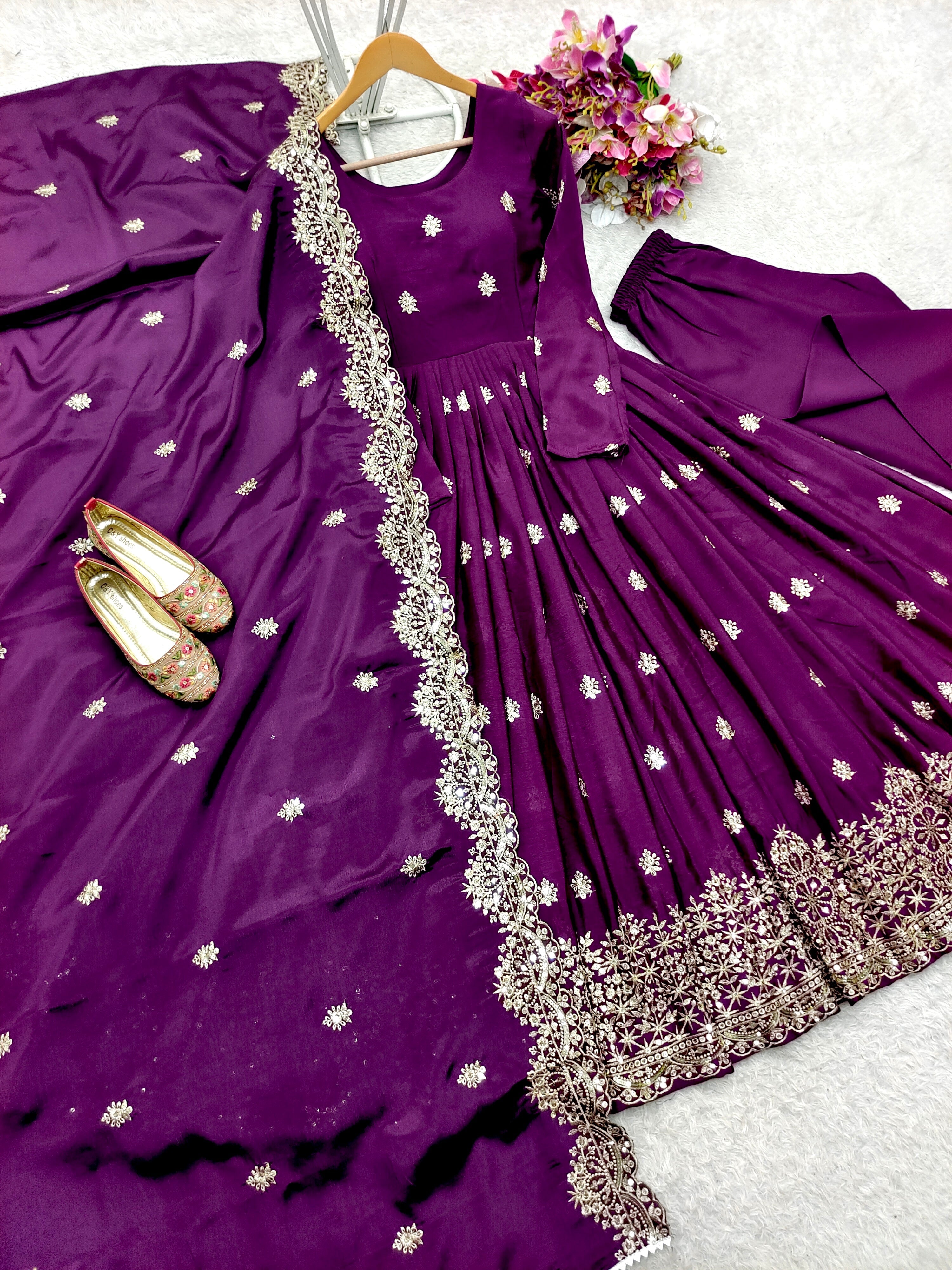Designer Party Wear Gown -Pent And Dupatta With Embroidery Sequence Work