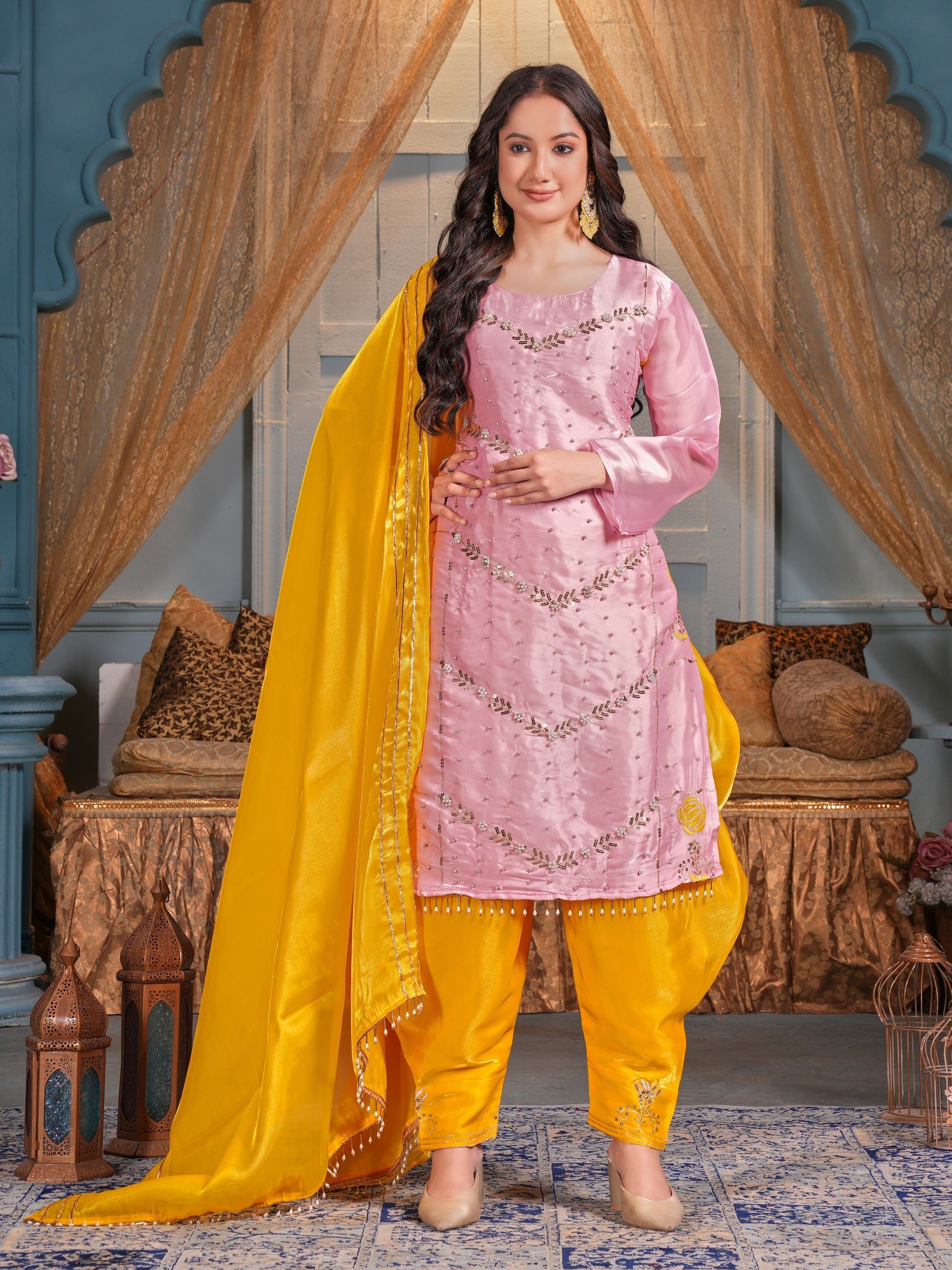 Beautiful Party Wear Top Dhoti And Dupatta With Moti Work