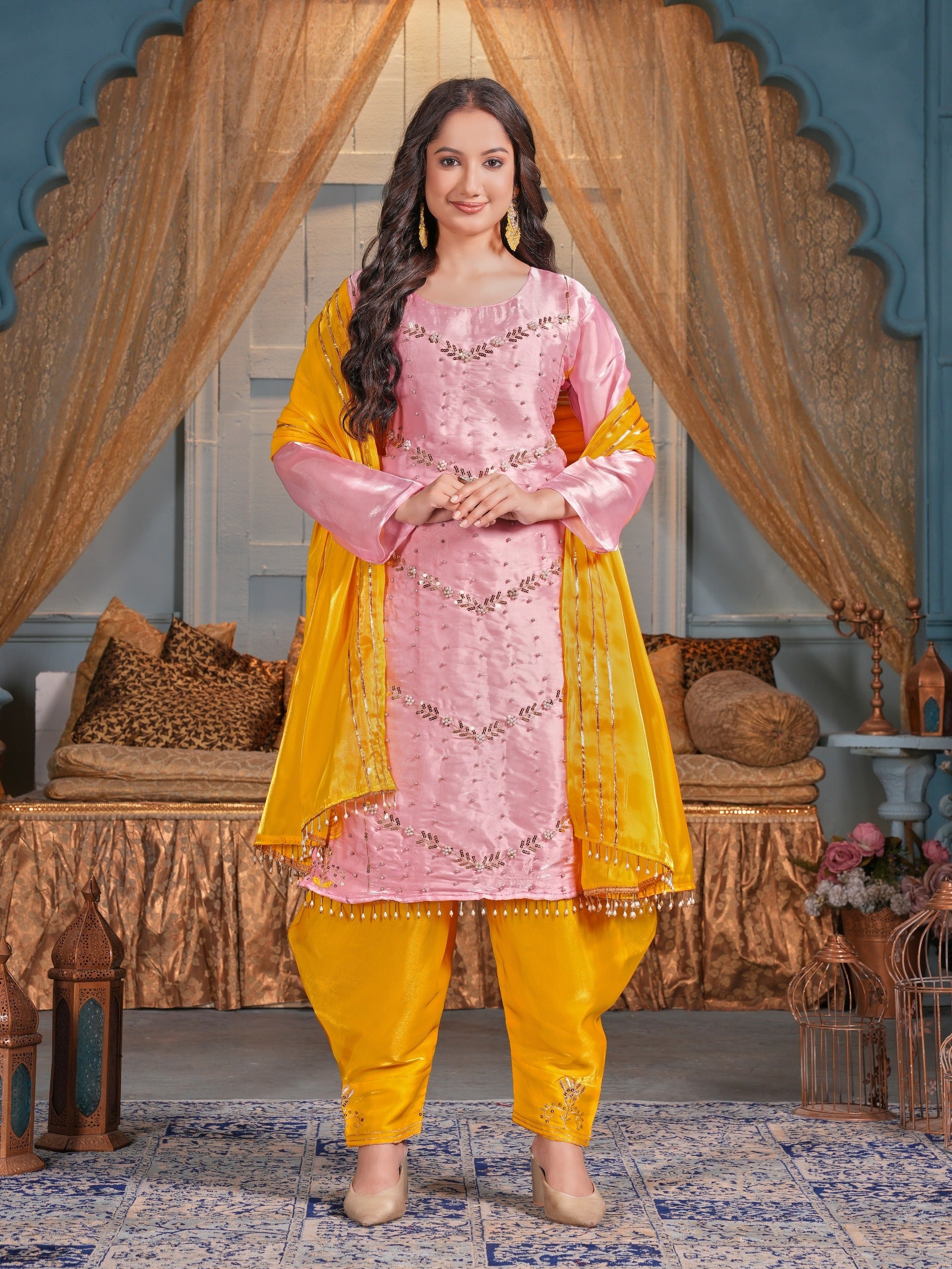 Beautiful Party Wear Top Dhoti And Dupatta With Moti Work