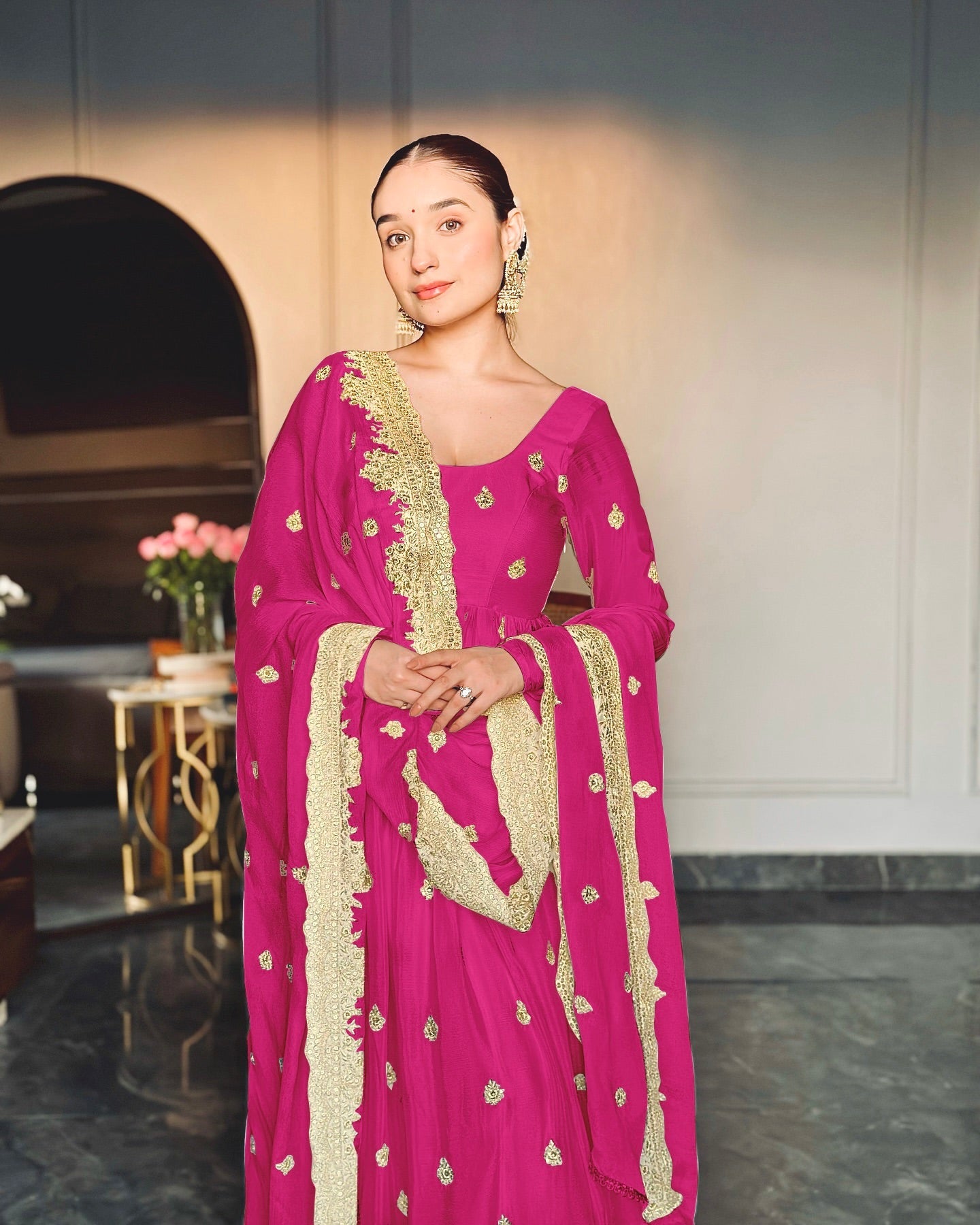 Designer Party Wear Gown -Pent And Dupatta With Embroidery Sequence Work