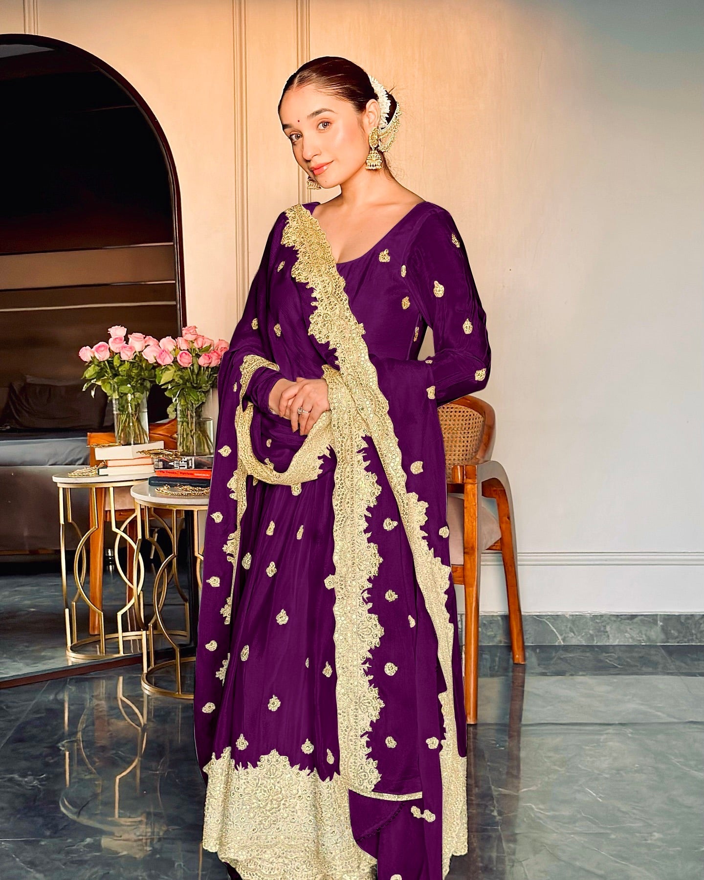 Designer Party Wear Gown -Pent And Dupatta With Embroidery Sequence Work