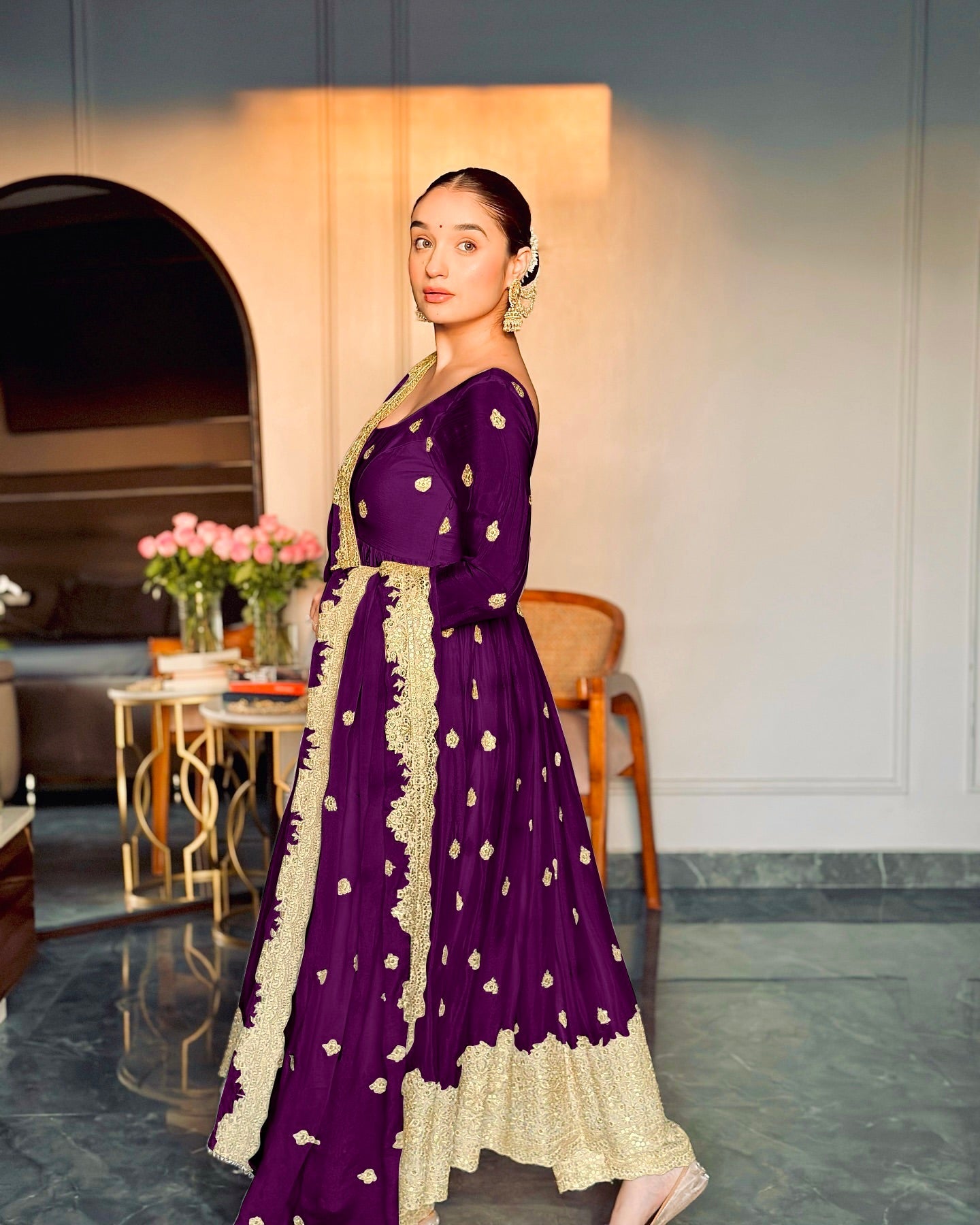 Designer Party Wear Gown -Pent And Dupatta With Embroidery Sequence Work