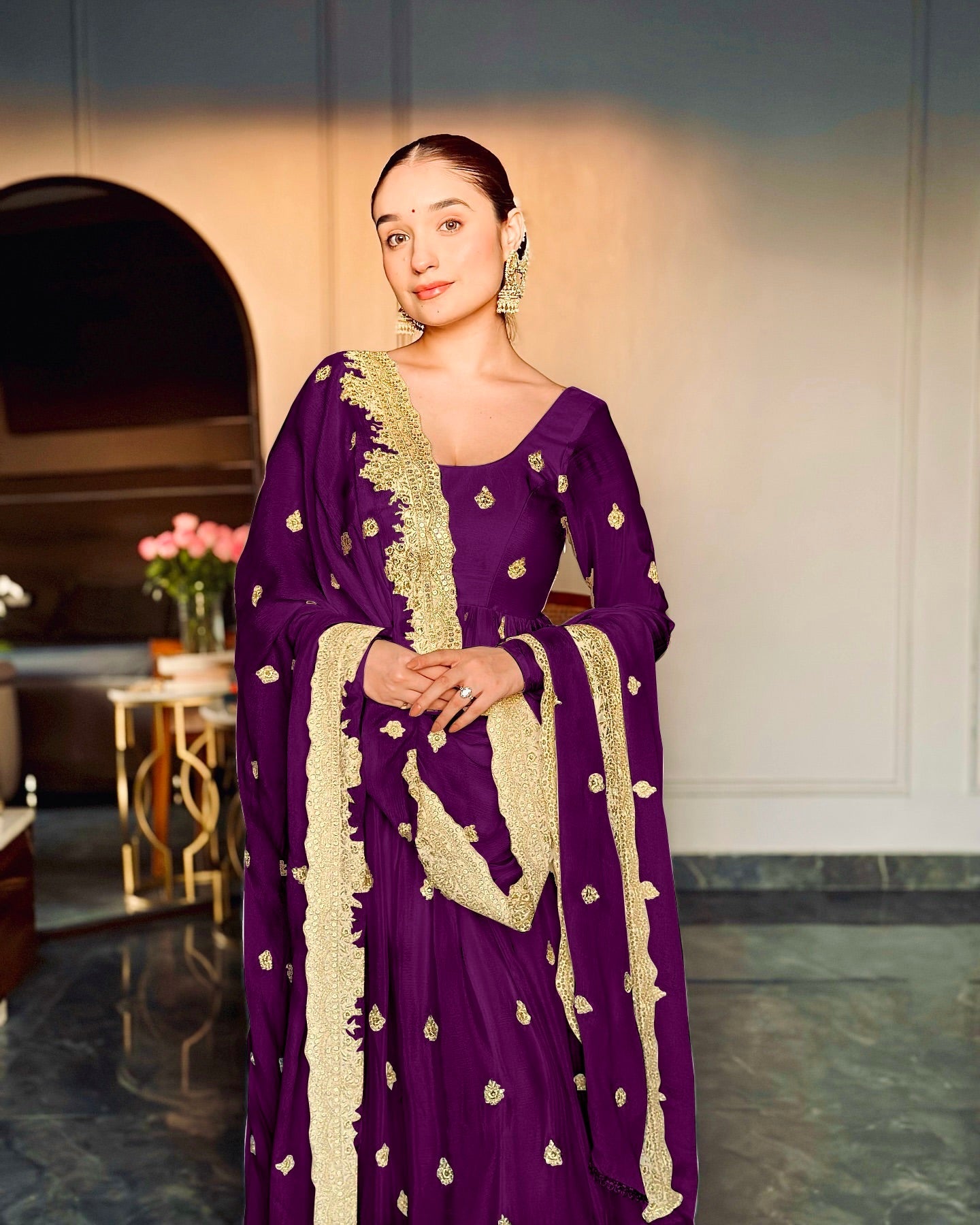 Designer Party Wear Gown -Pent And Dupatta With Embroidery Sequence Work