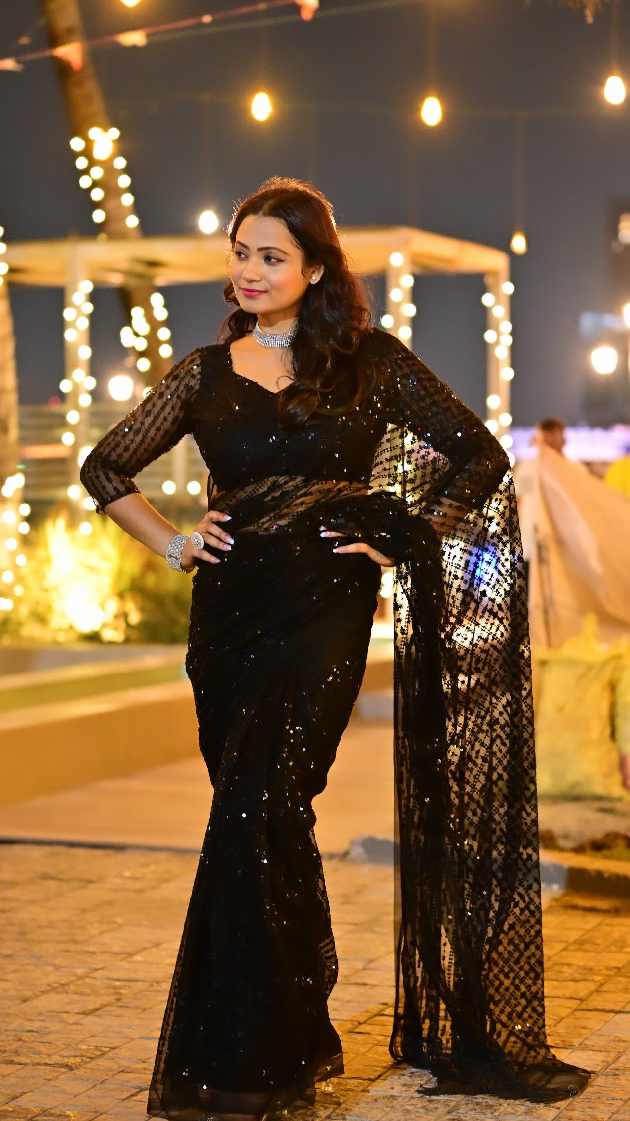 Designer Party Wear Saree With Sequence & Thread Work