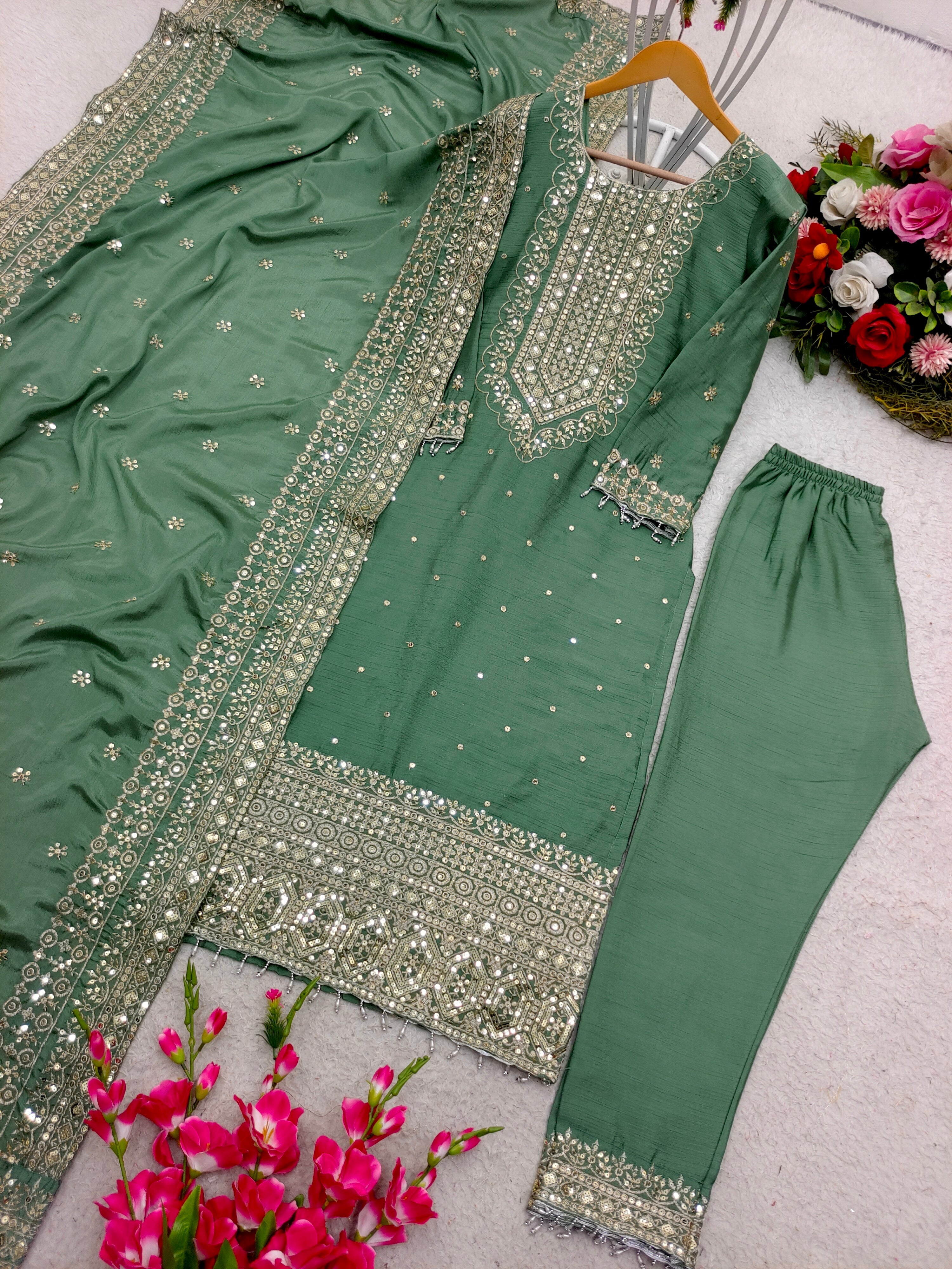 Designer Top-Pent & Dupatta With Moti Less Work