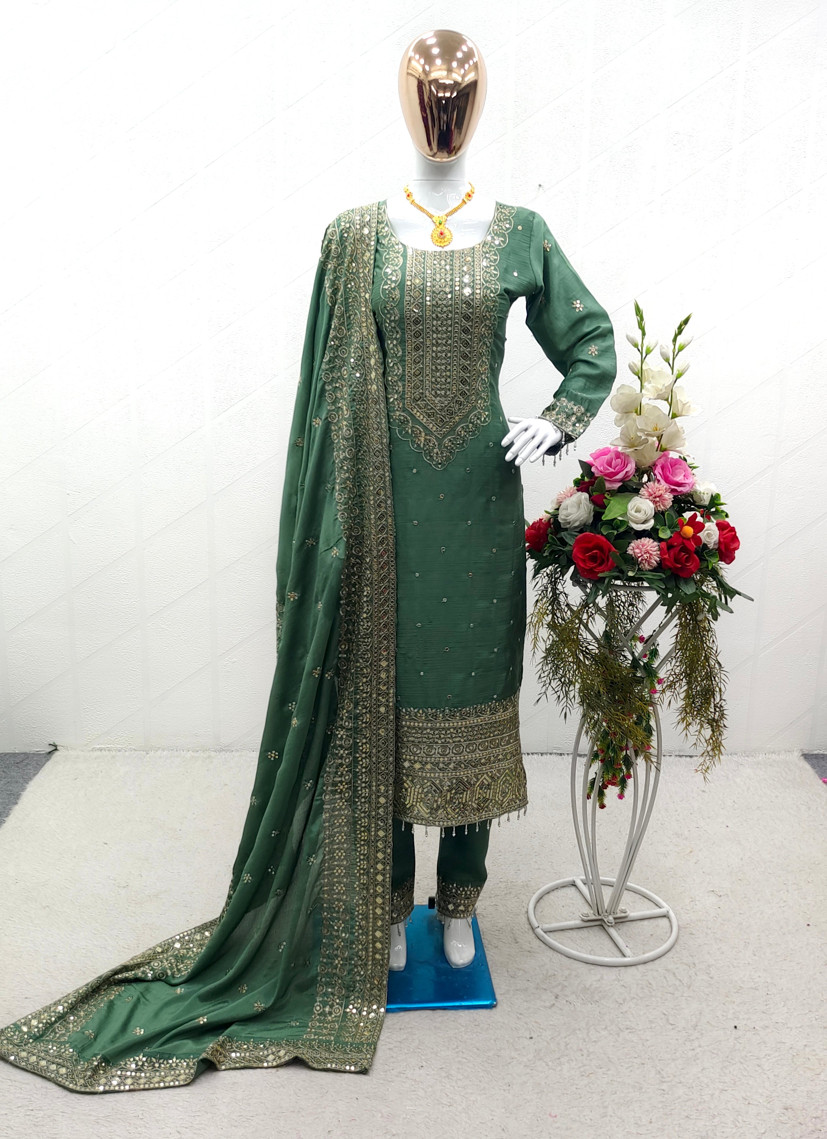 Designer Top-Pent & Dupatta With Moti Less Work
