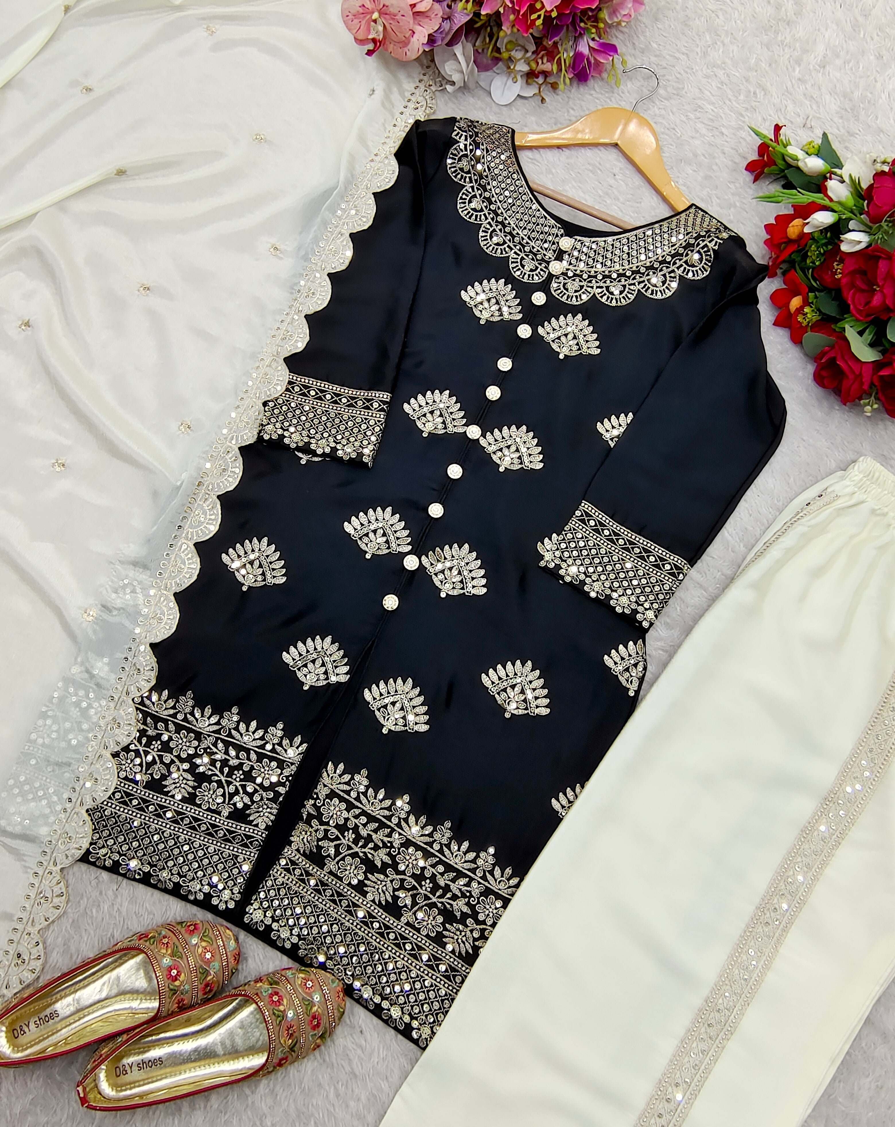 Designer Party Wear Top-Plazzo And Dupatta With Sequence Work