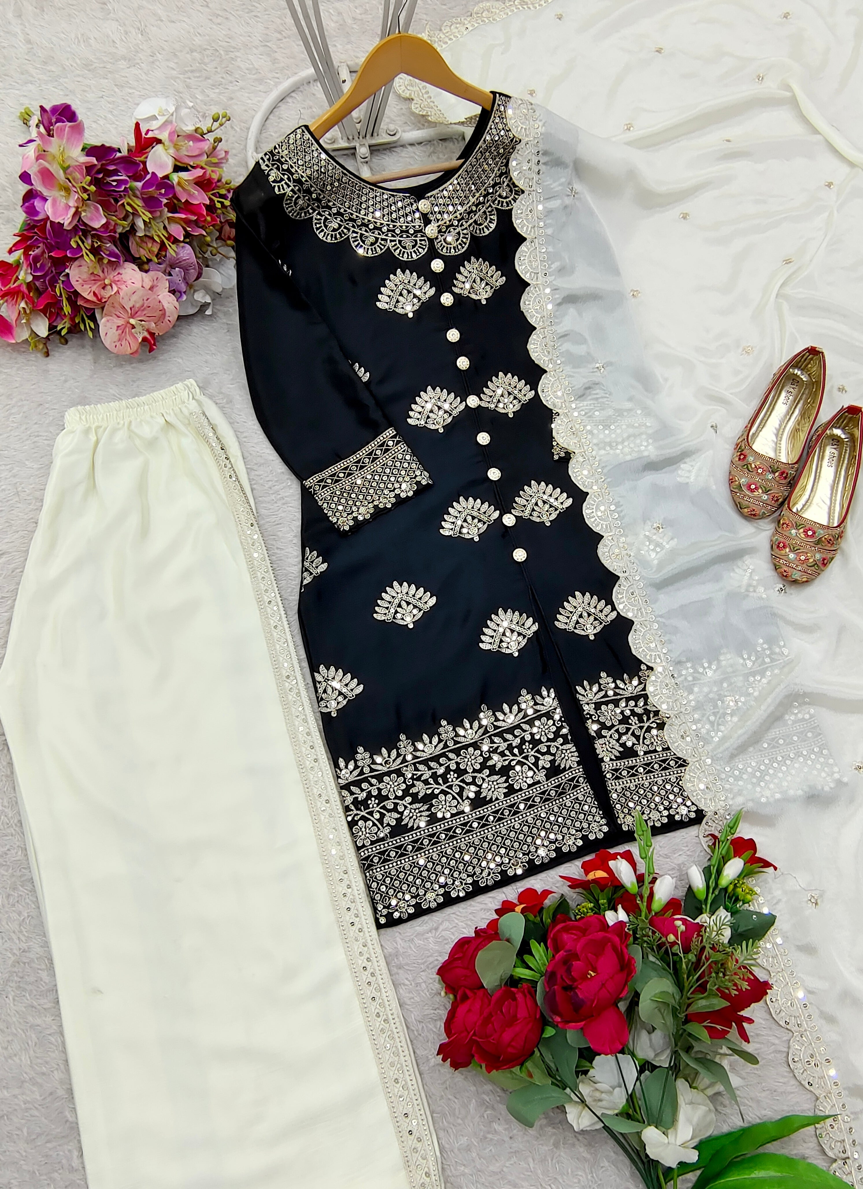 Designer Party Wear Top-Plazzo And Dupatta With Sequence Work