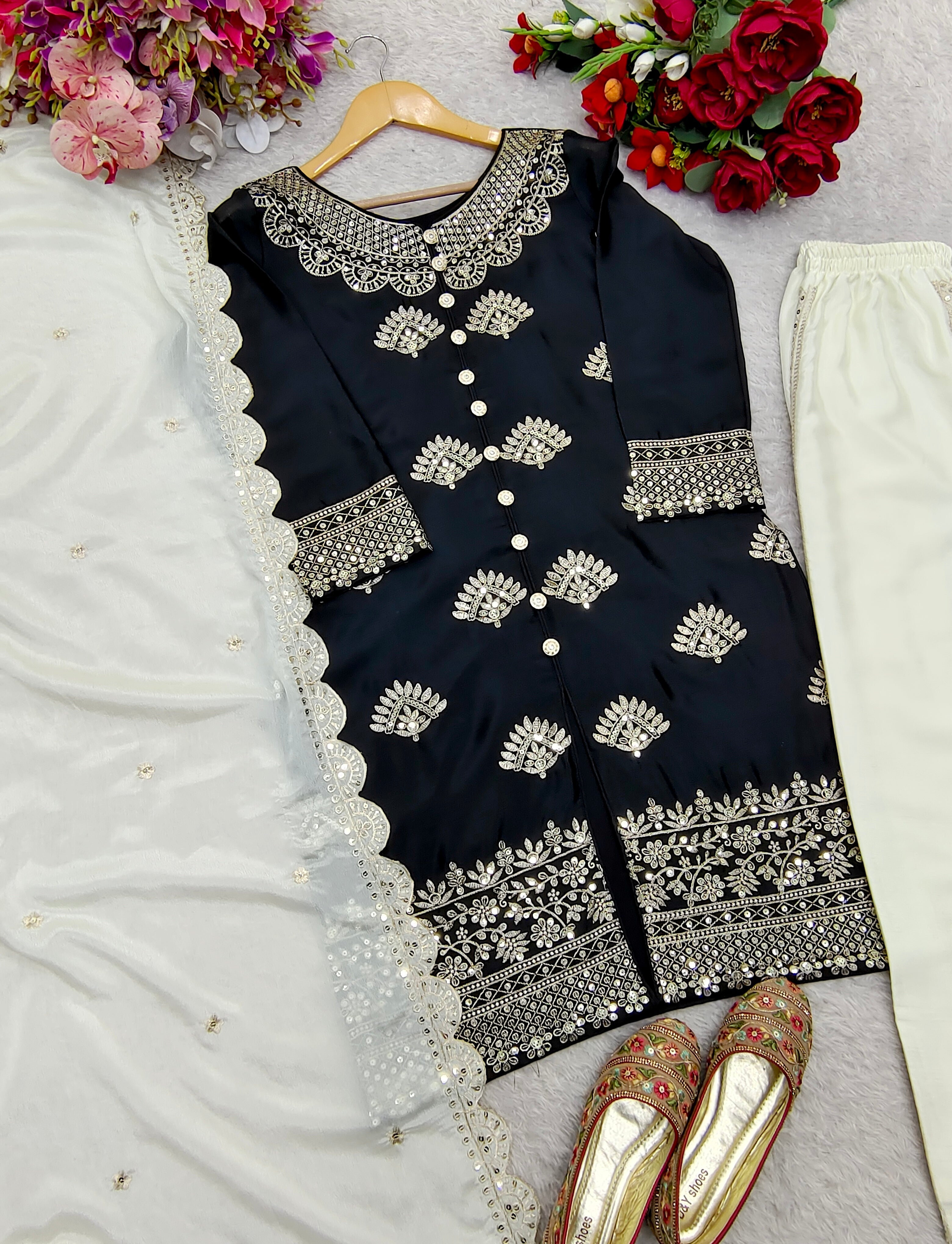 Designer Party Wear Top-Plazzo And Dupatta With Sequence Work
