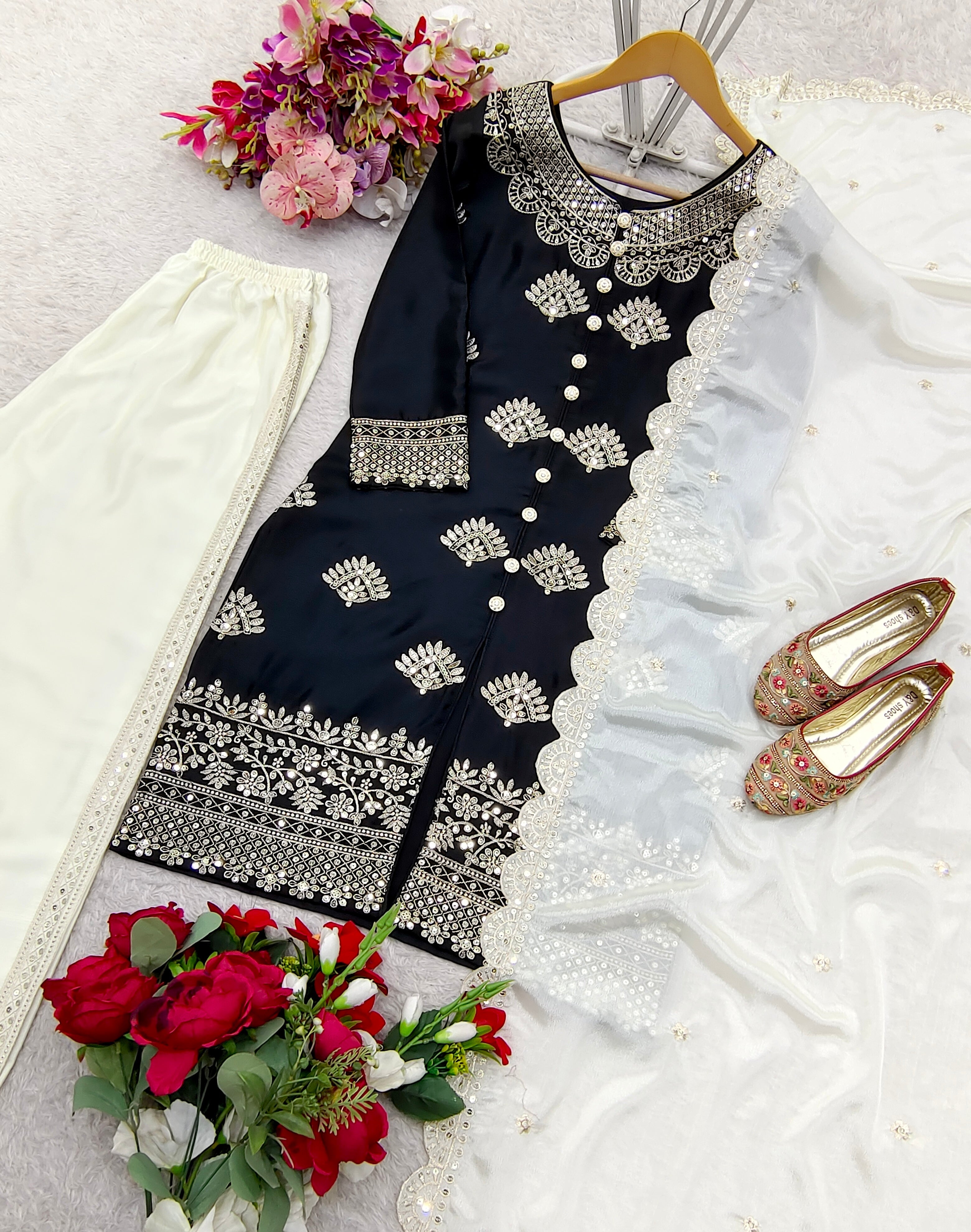 Designer Party Wear Top-Plazzo And Dupatta With Sequence Work