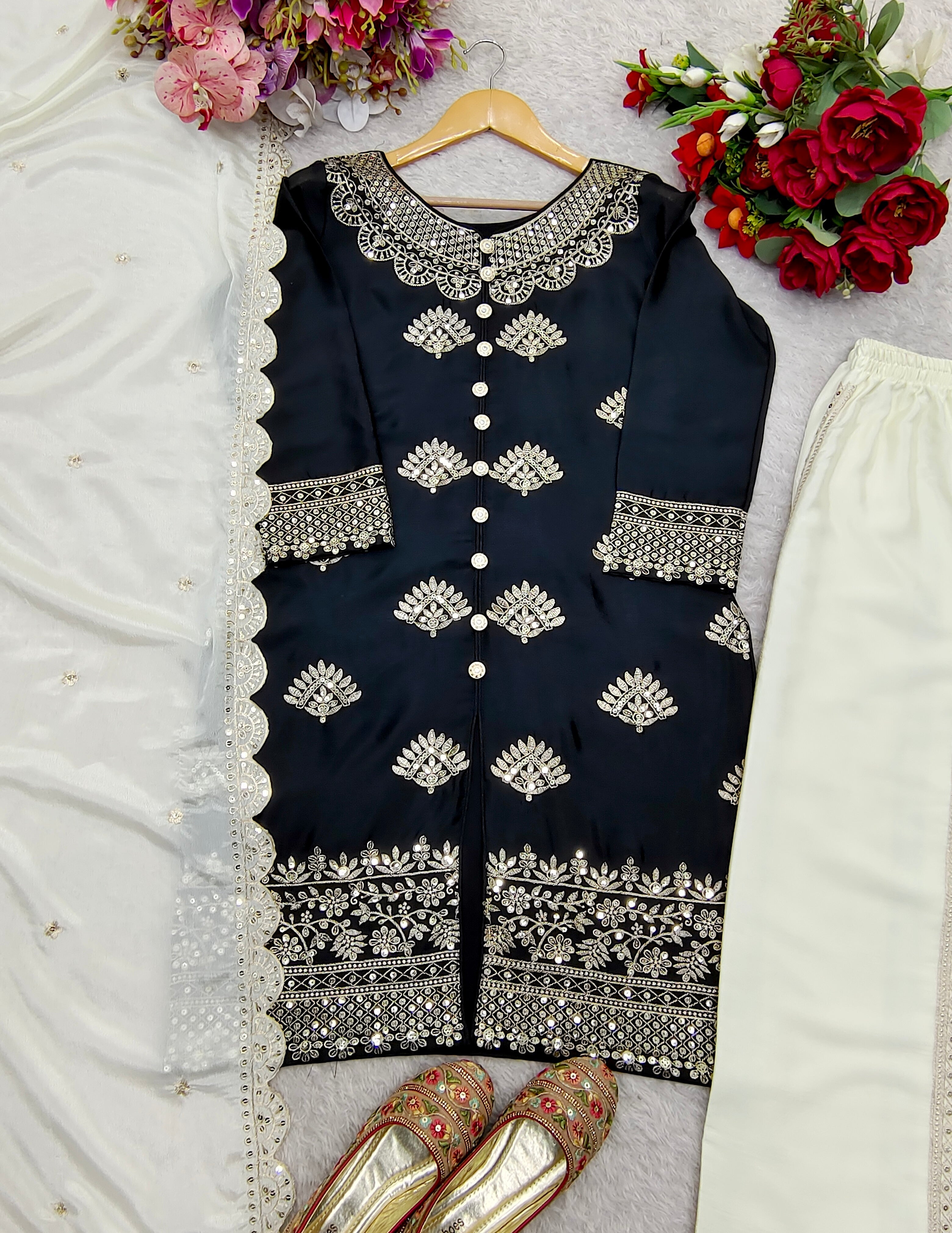 Designer Party Wear Top-Plazzo And Dupatta With Sequence Work