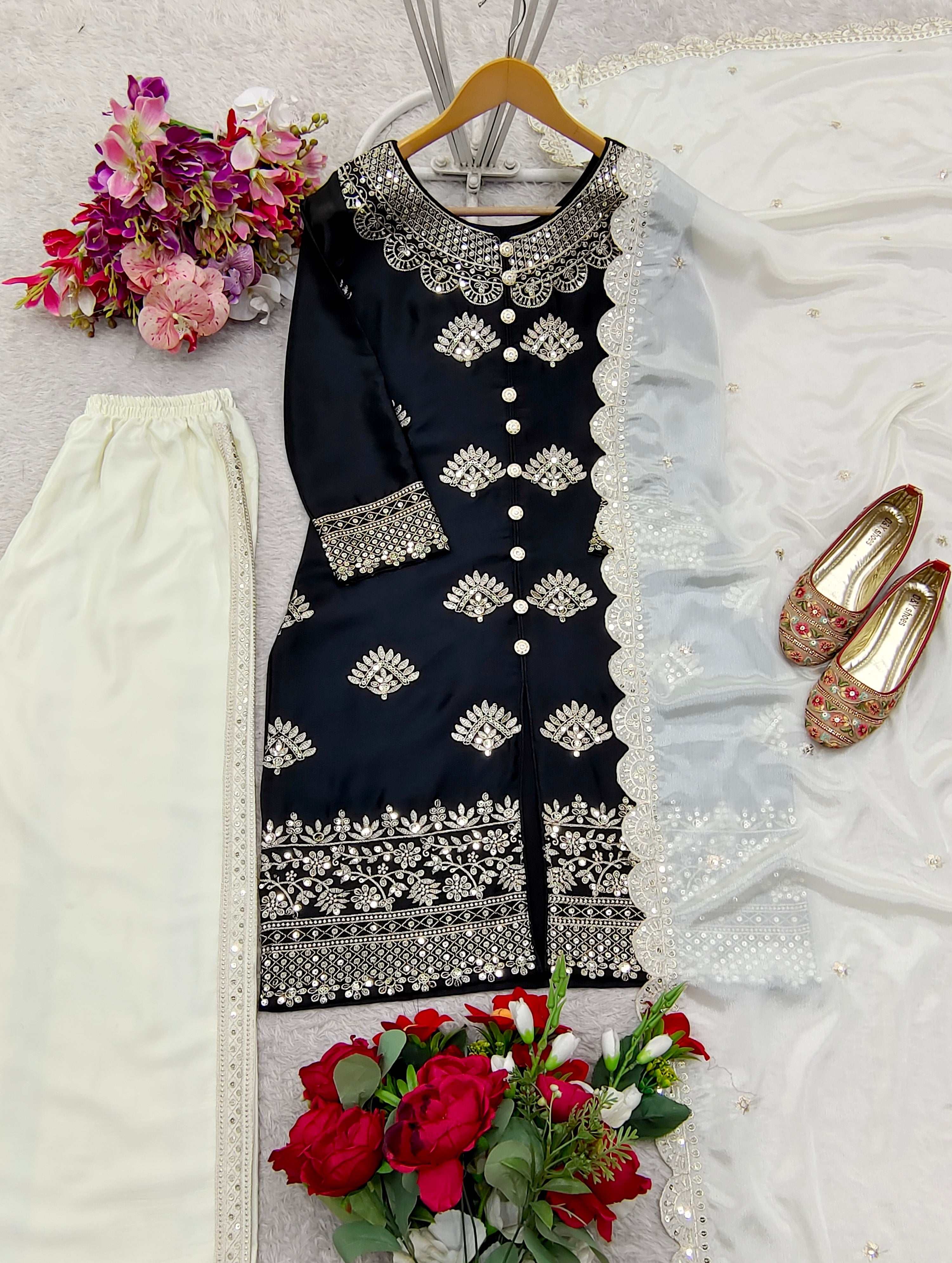 Designer Party Wear Top-Plazzo And Dupatta With Sequence Work
