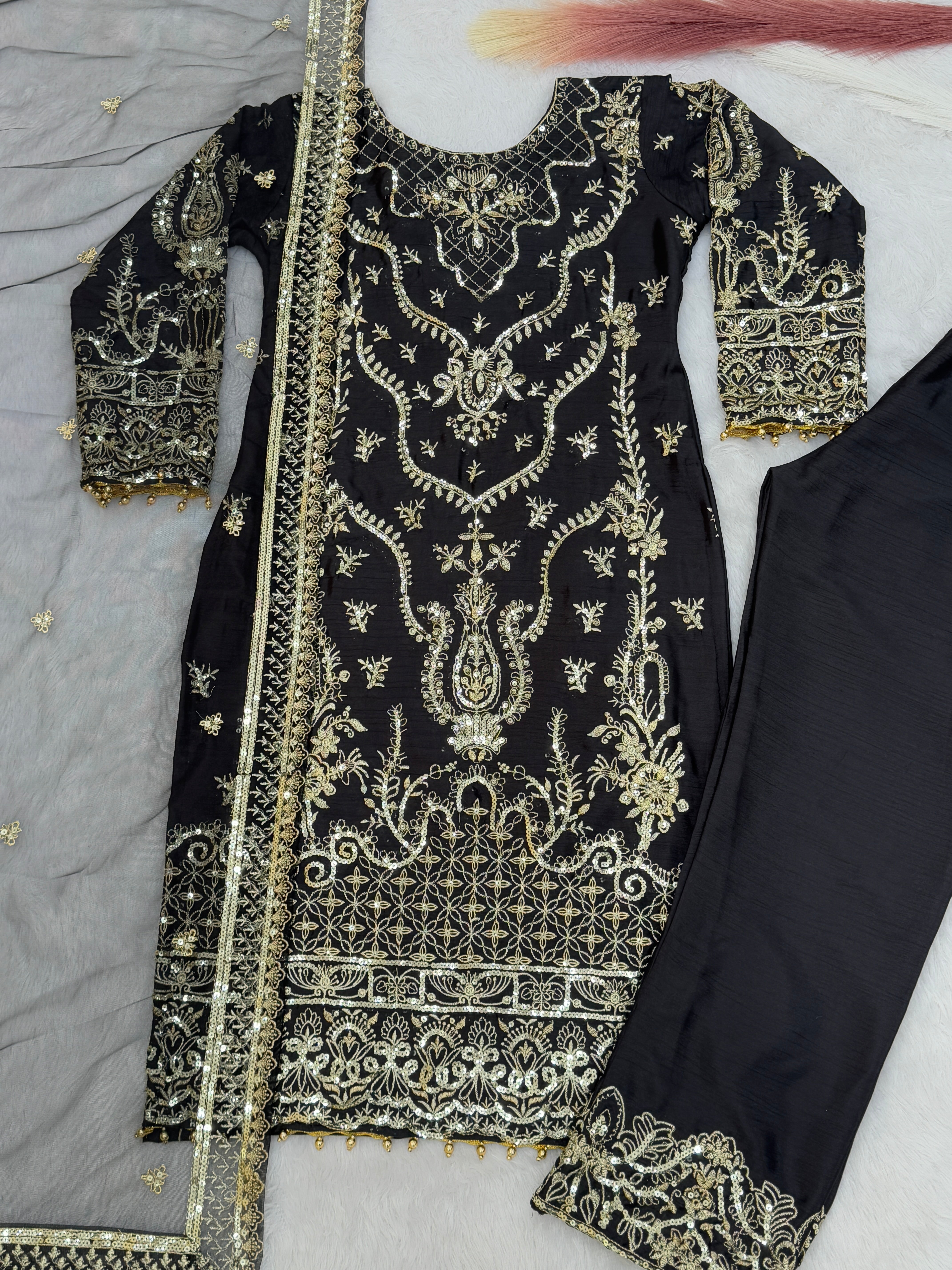 Party Wear Suit Set With Embroidery And Sequence Work