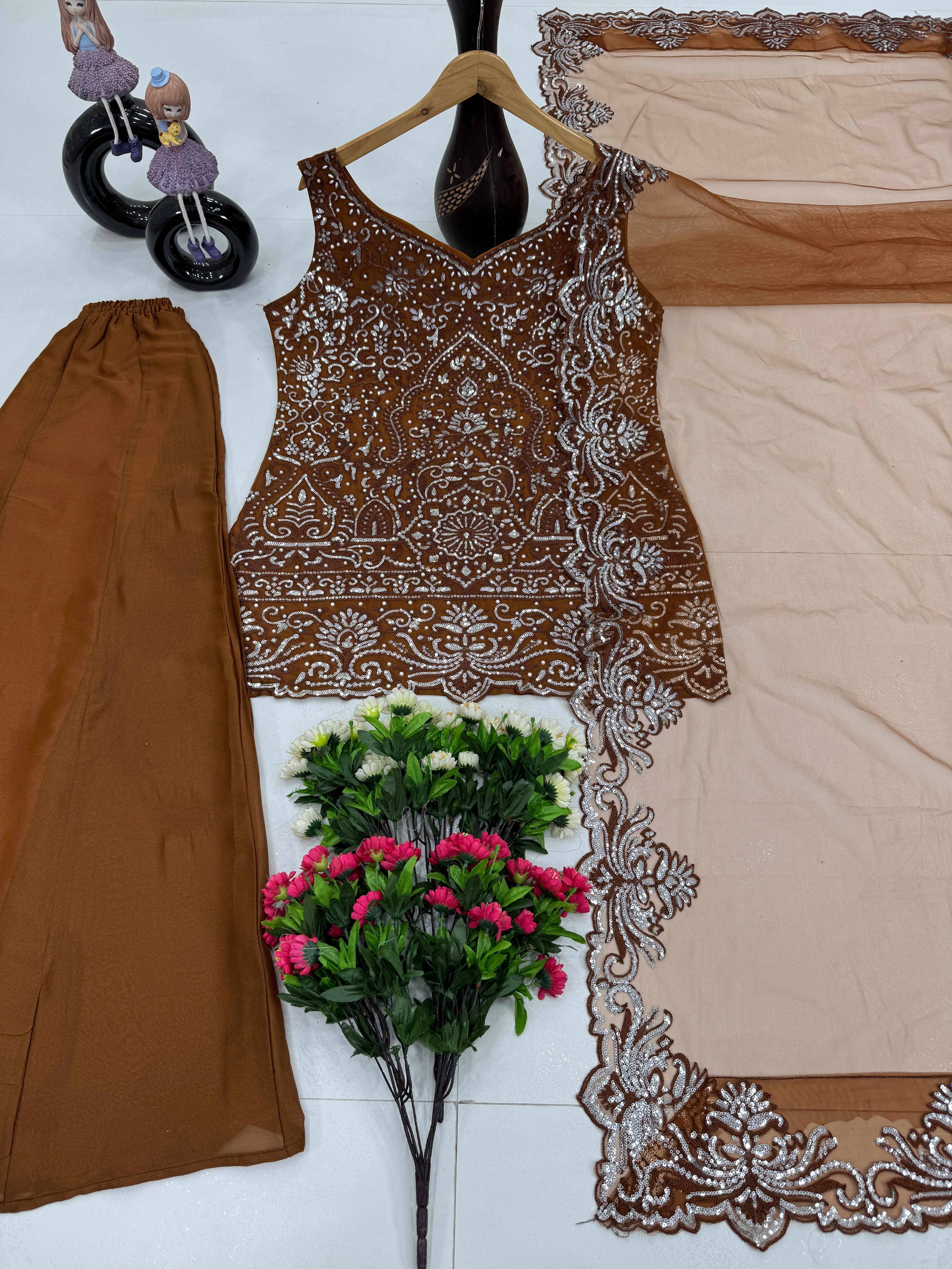 Designer Party Wear Top Plazzo And Dupatta