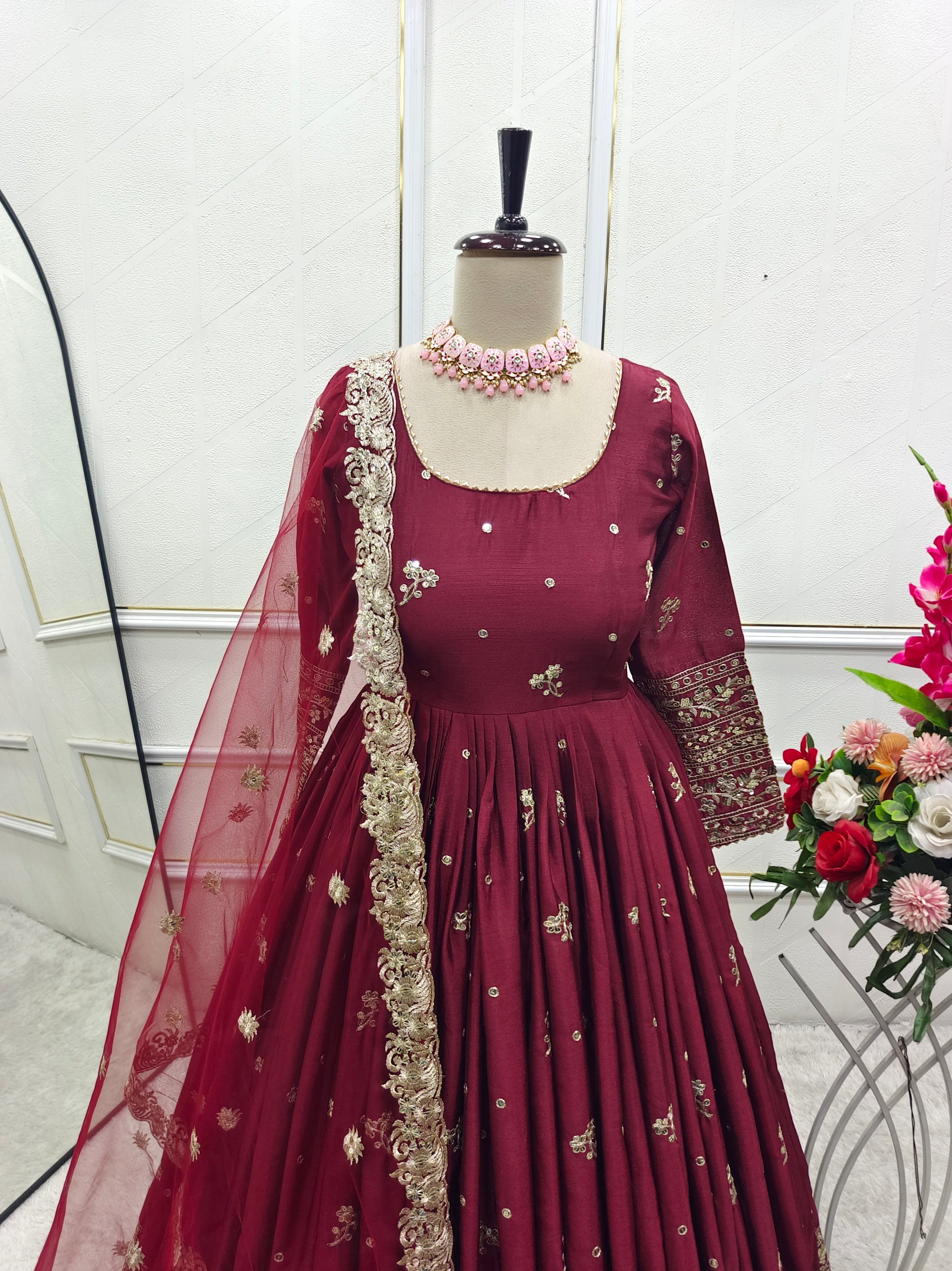 Party Wear Designer Gown -Pent And Dupatta With Embroidery Sequence Work