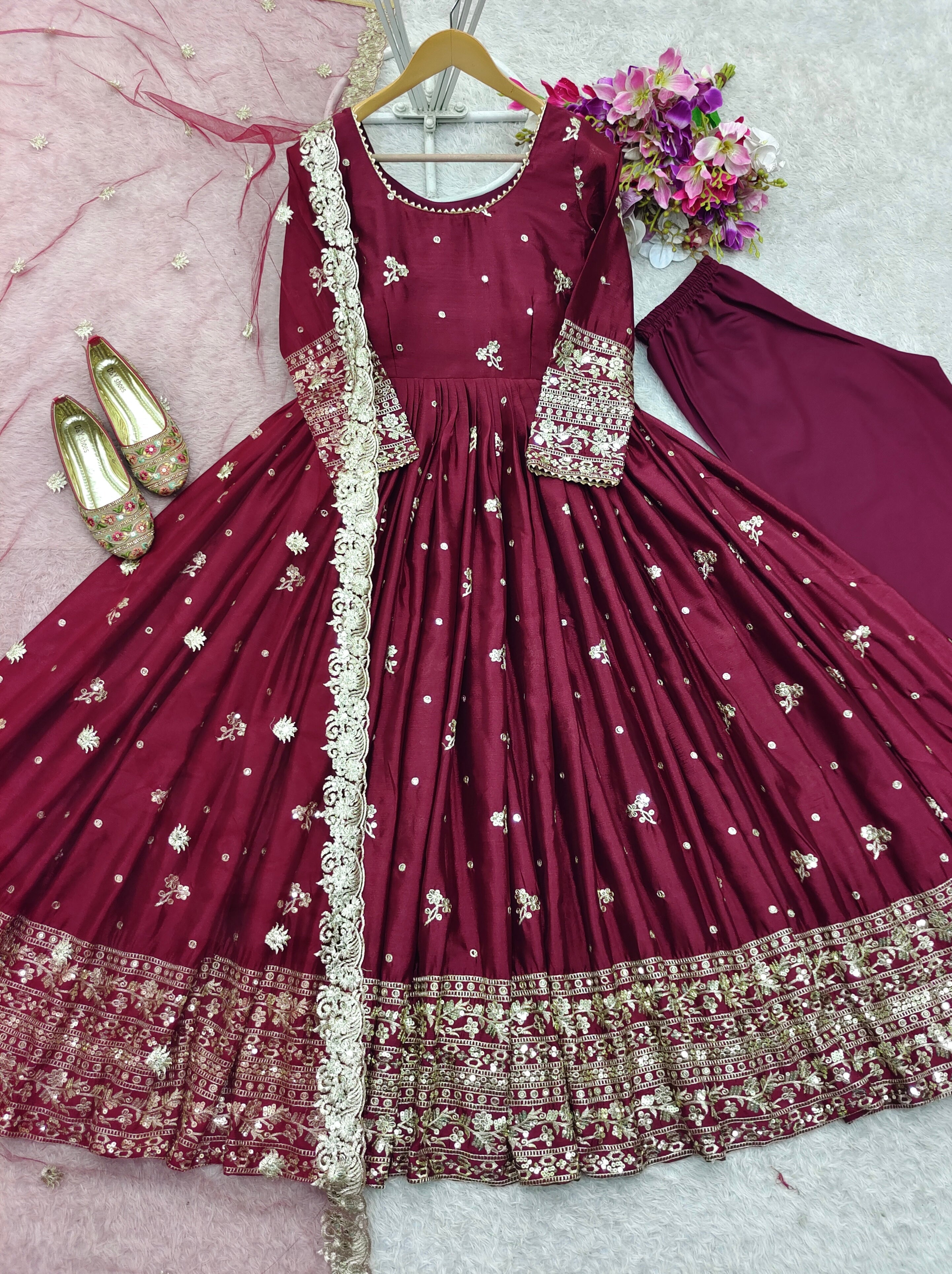 Party Wear Designer Gown -Pent And Dupatta With Embroidery Sequence Work