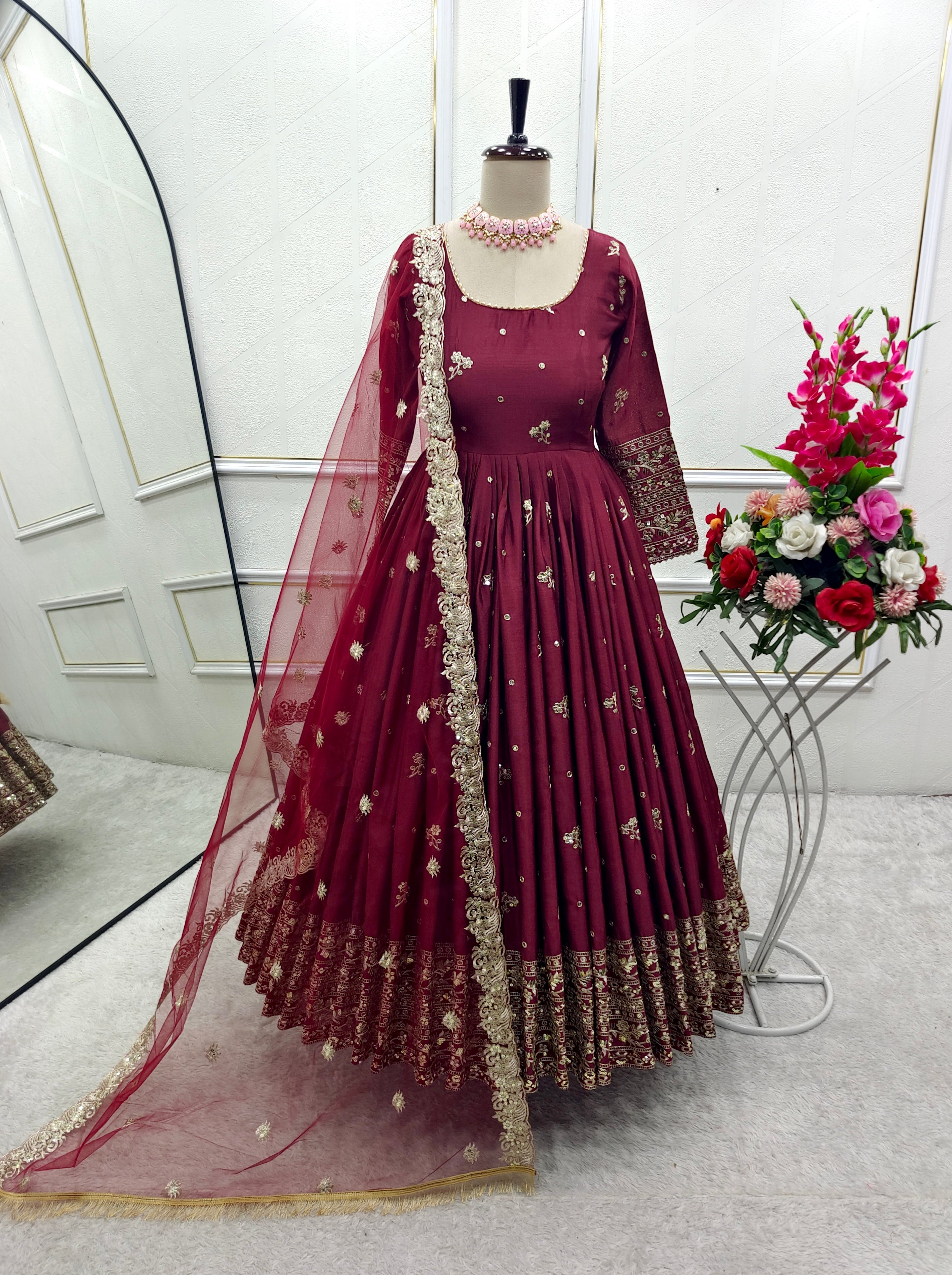 Party Wear Designer Gown -Pent And Dupatta With Embroidery Sequence Work