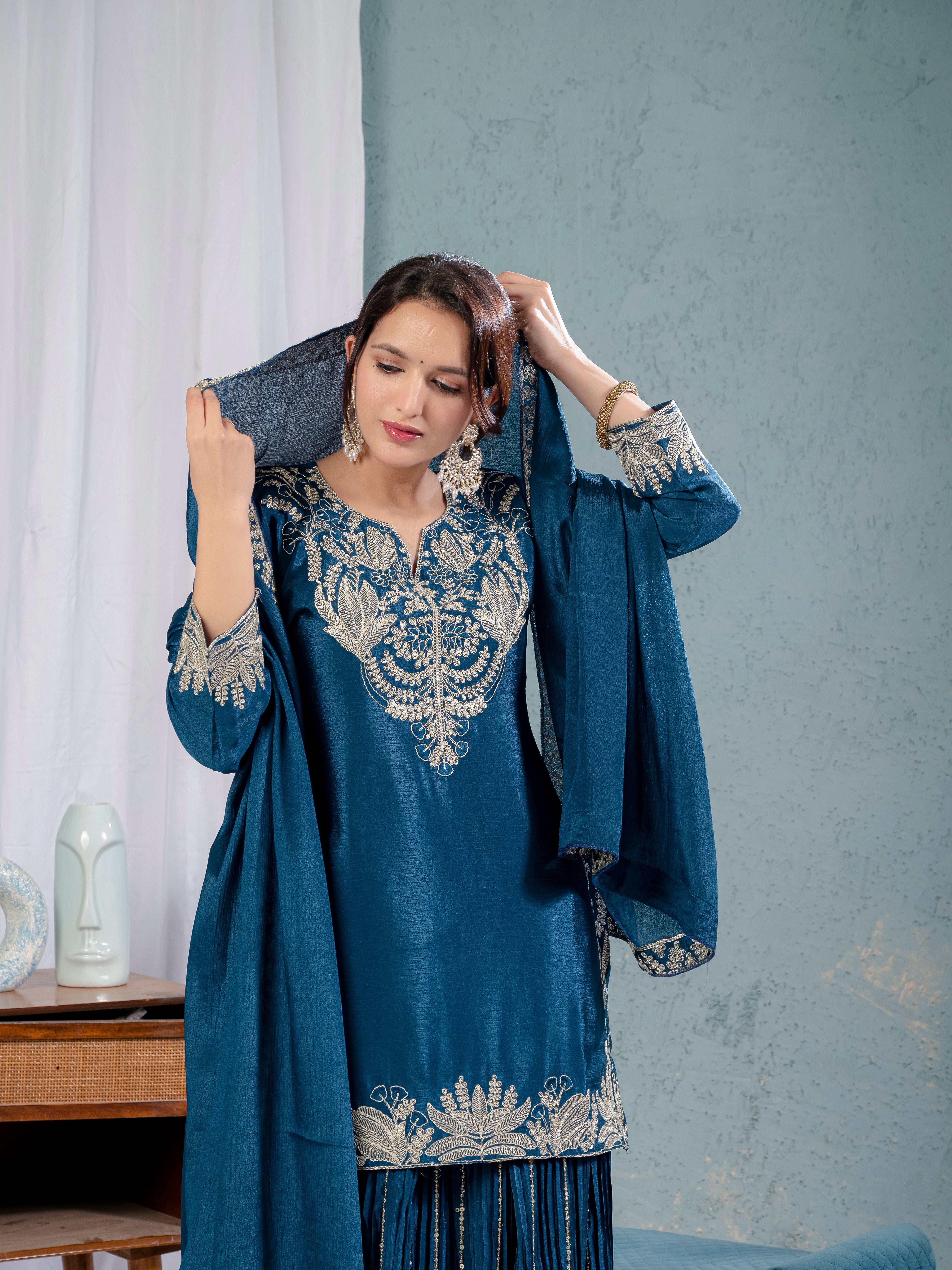 Designer Suit Set With Embroidery Coding Sequence Work