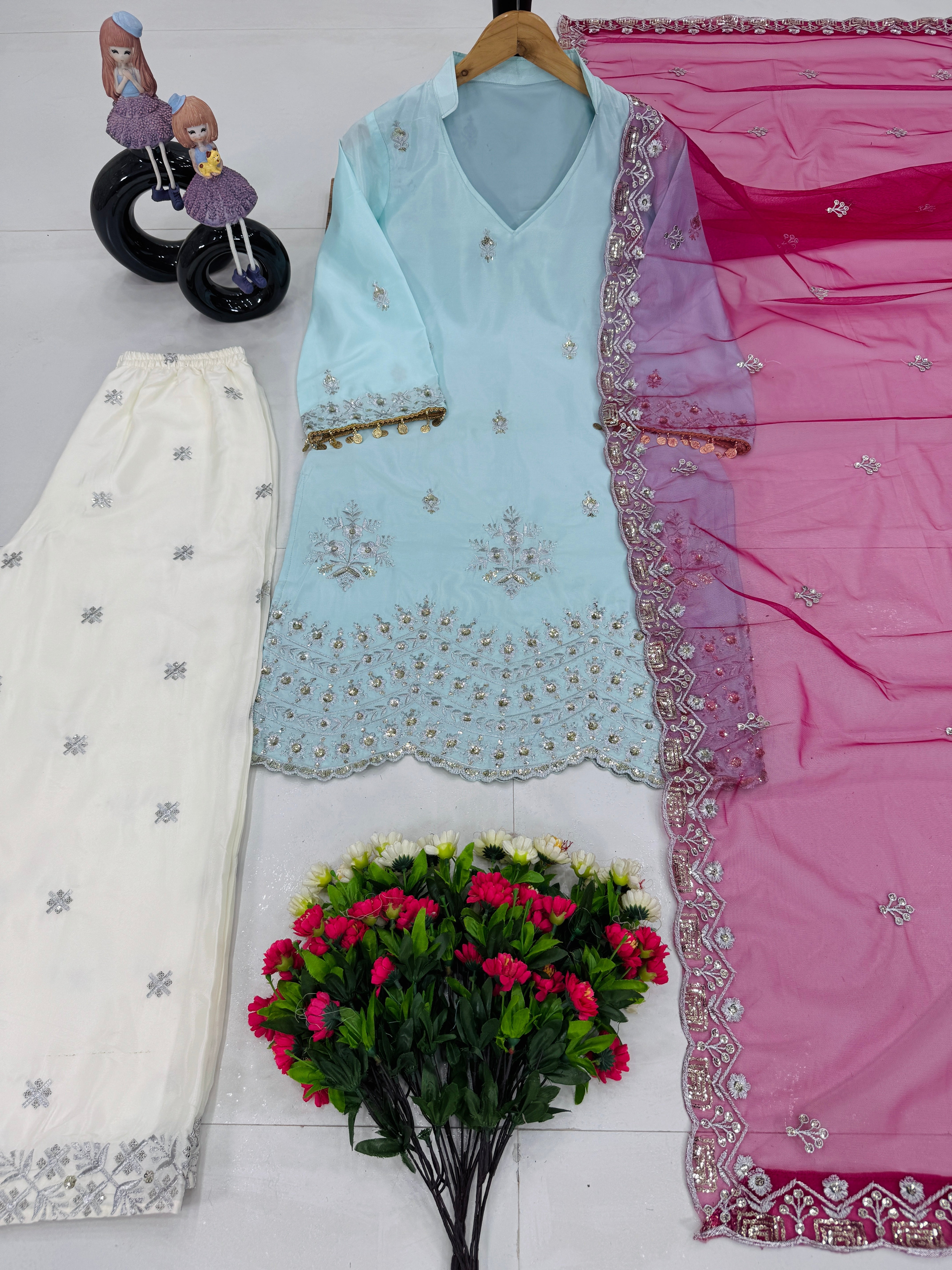 Designer Party Wear Top Plazzo And Beautiful Dupatta
