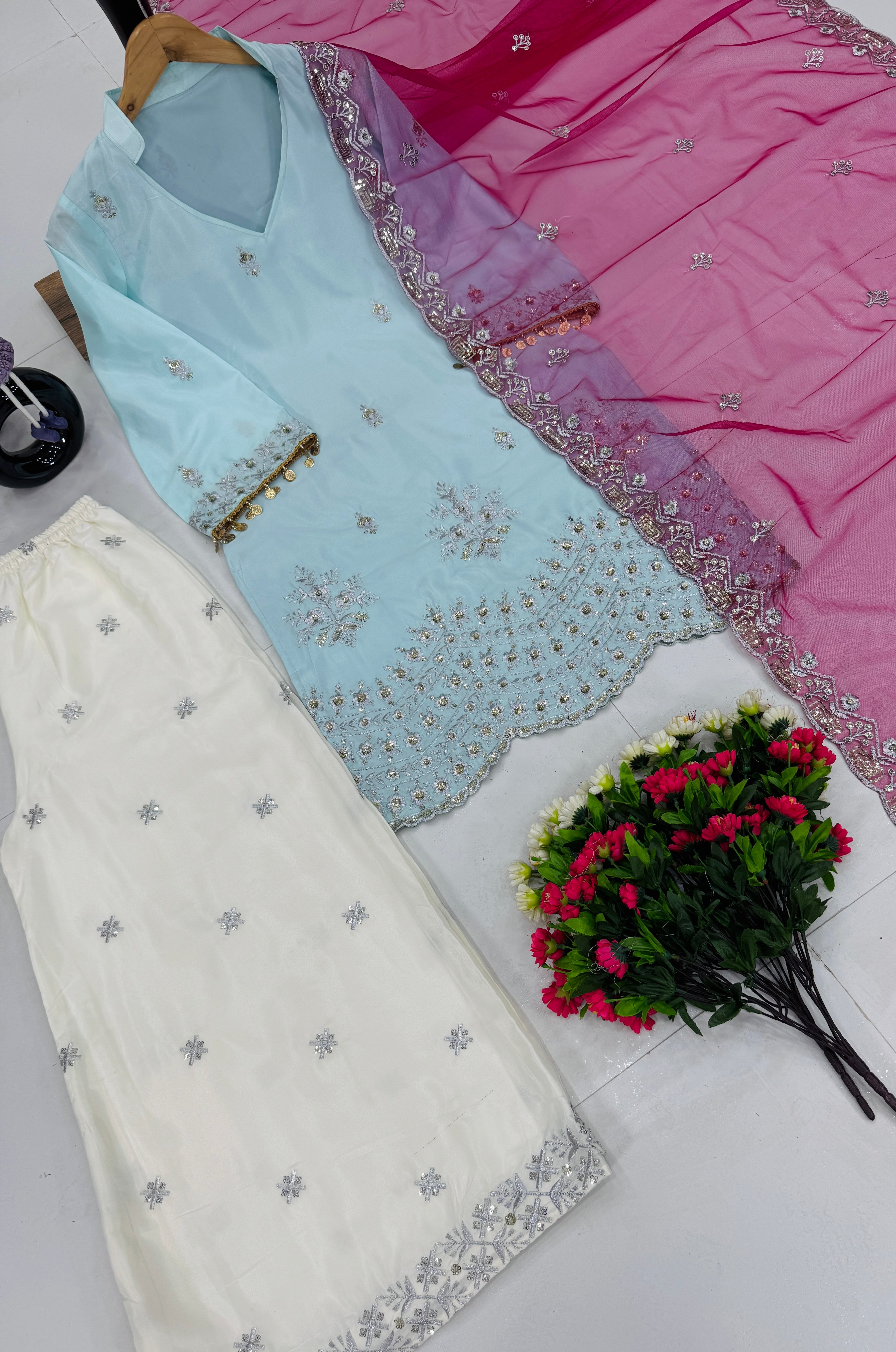 Designer Party Wear Top Plazzo And Beautiful Dupatta