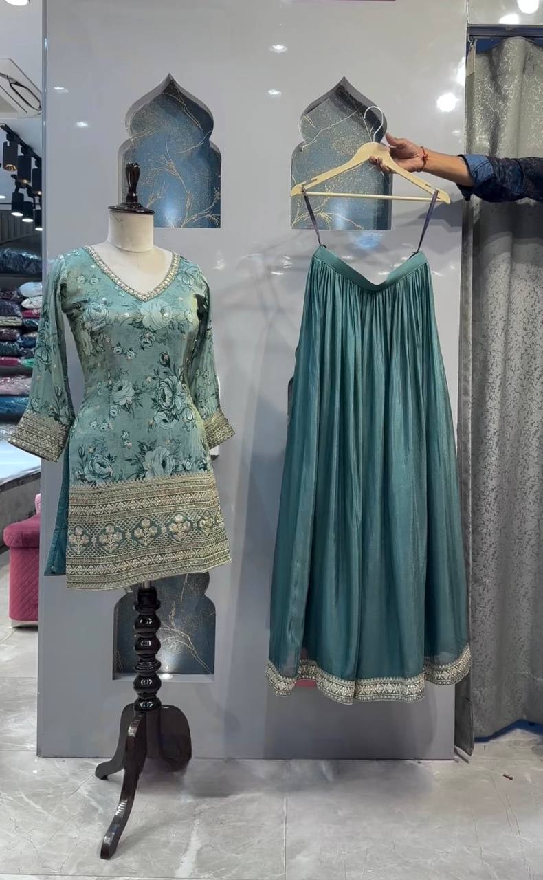 Designer Long Pakistani Suit Top , Sharara And Dupatta