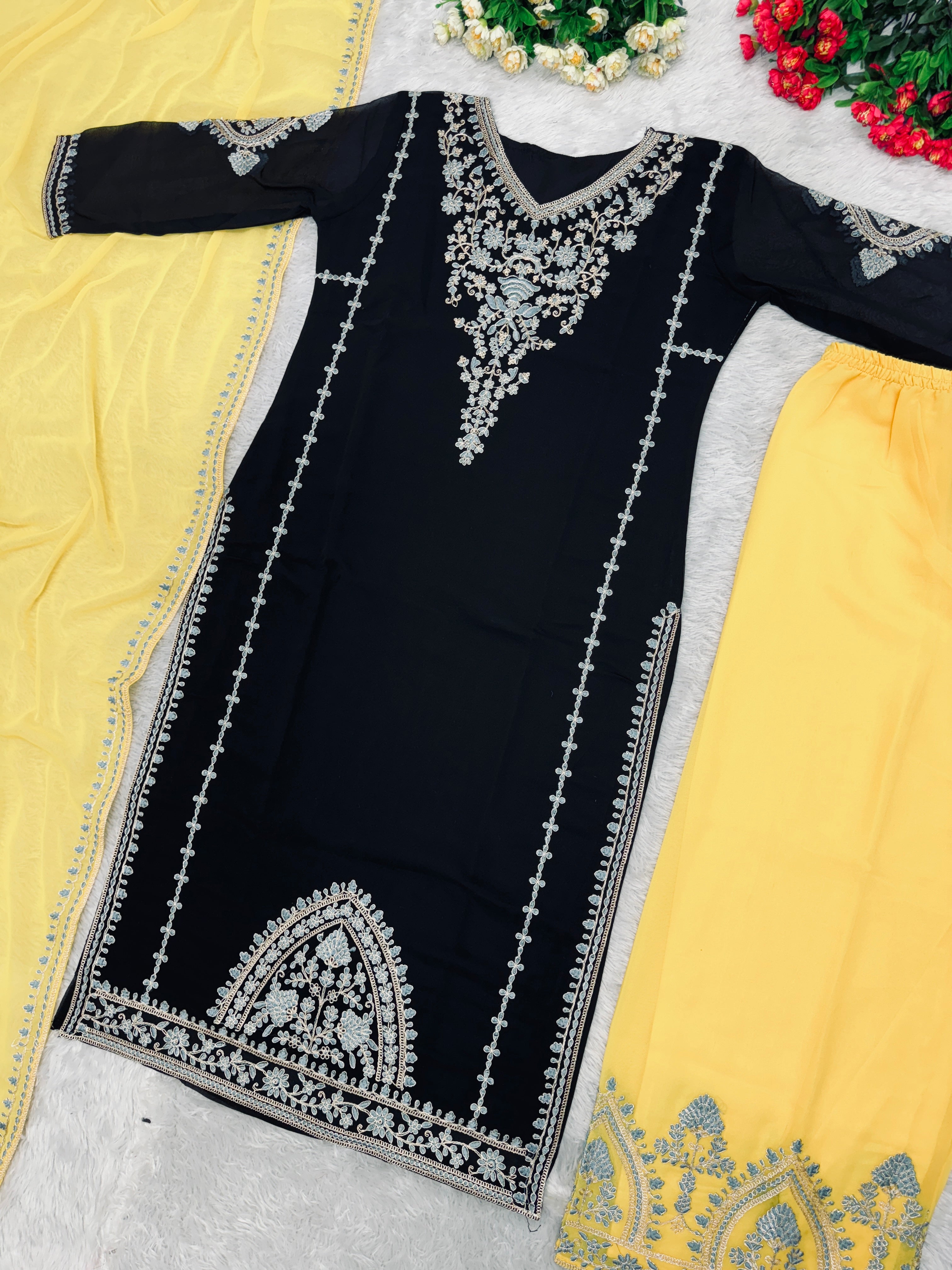 Beautiful Party Wear Top Plazzo And Dupatta With Coding Sequence Work