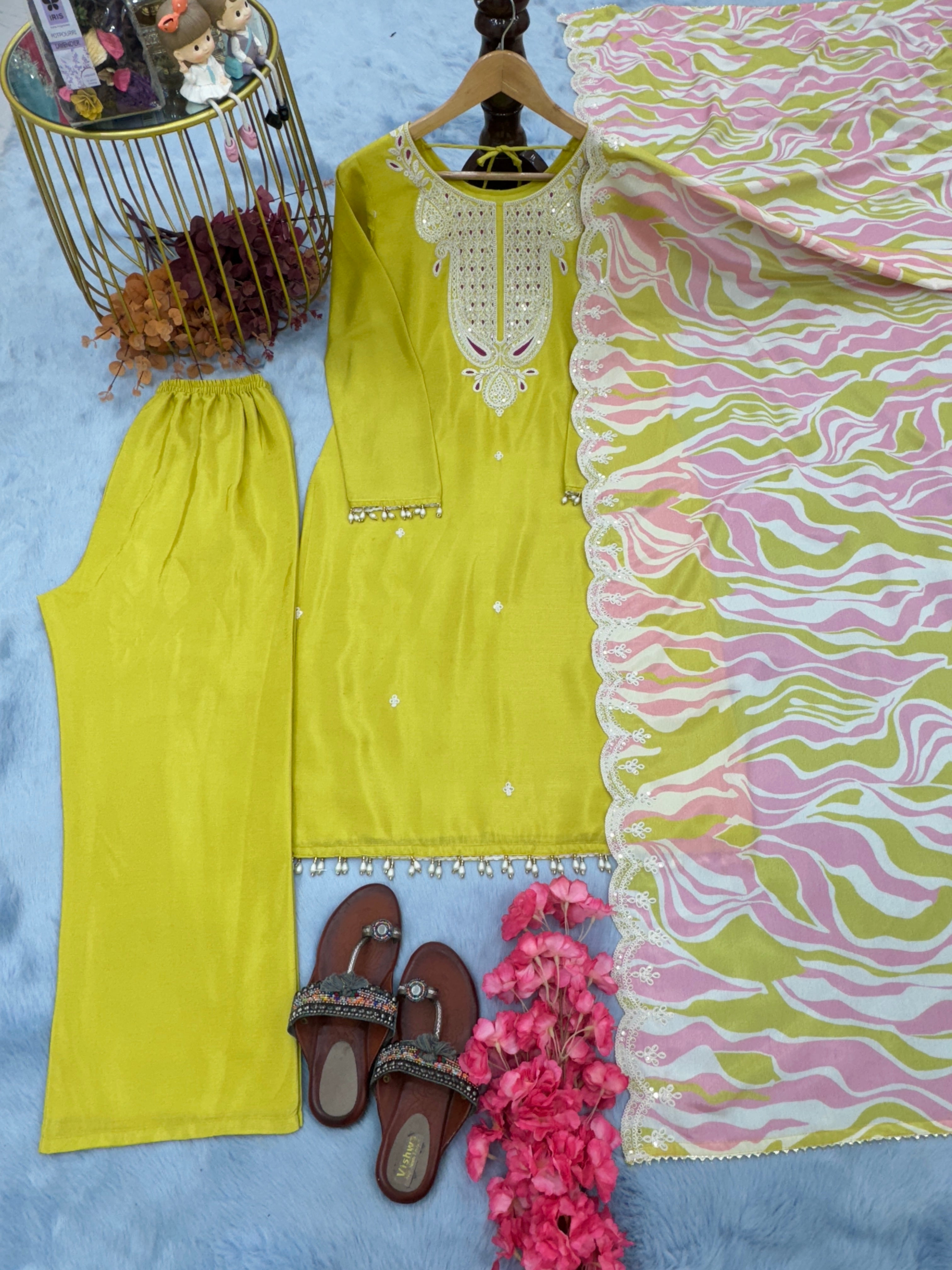 Designer Party Wear Look Top Plazzo & Dupatta Set