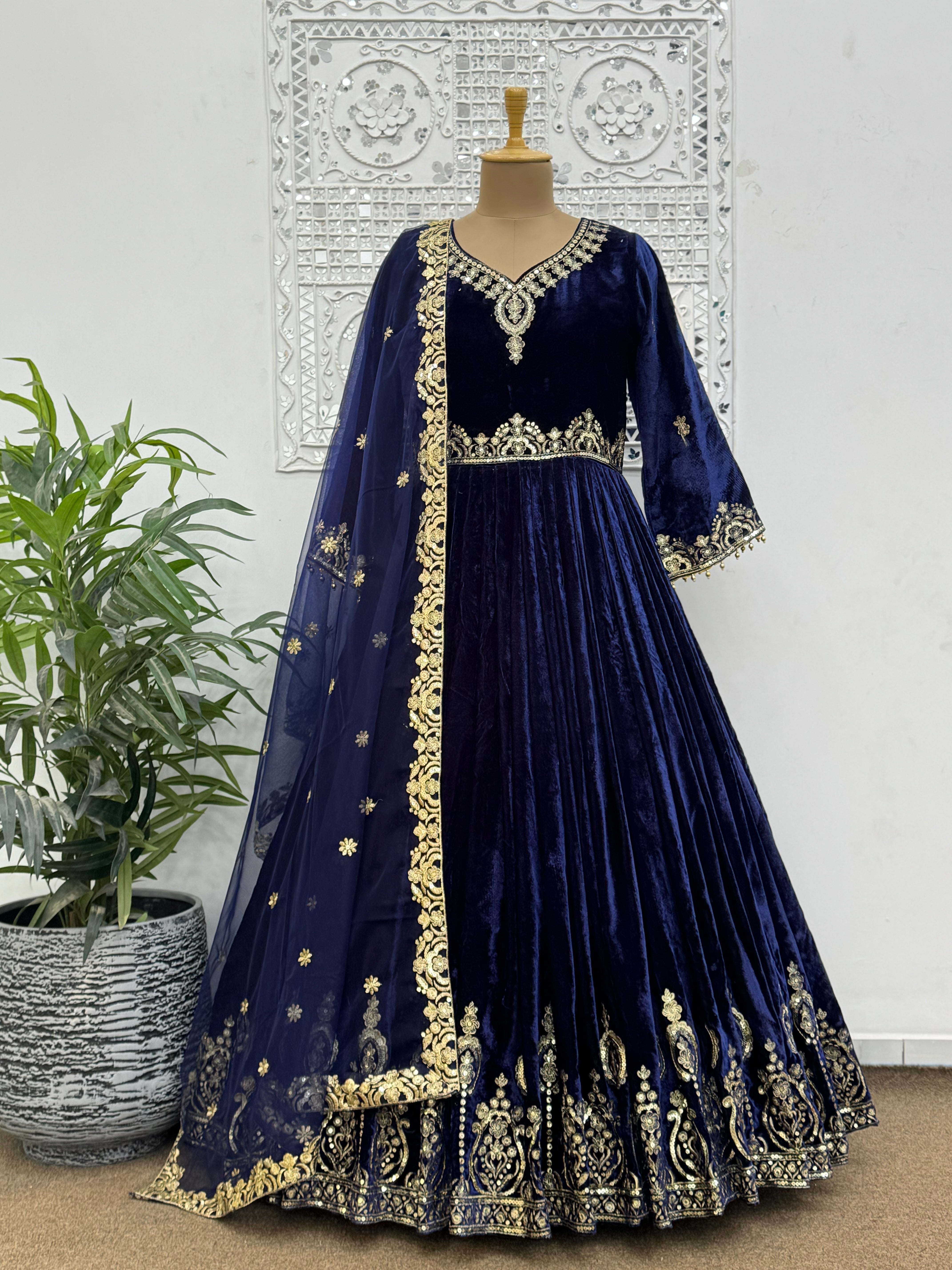 Beautiful Long Gown - Pent With Dupatta With Embroidery And Sequins Work