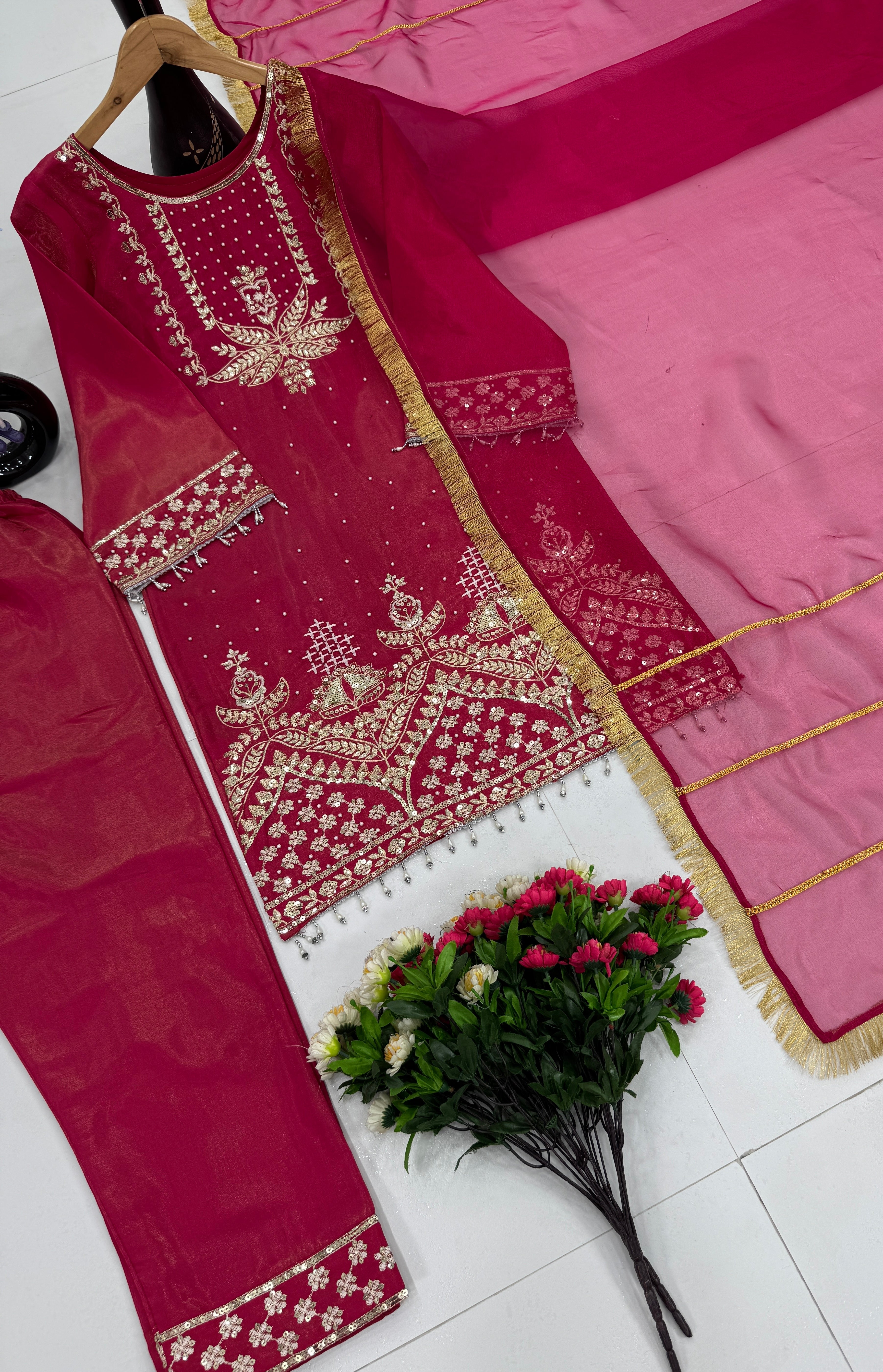 Designer Party Wear Top Bottom And Dupatta With Fancy Lace