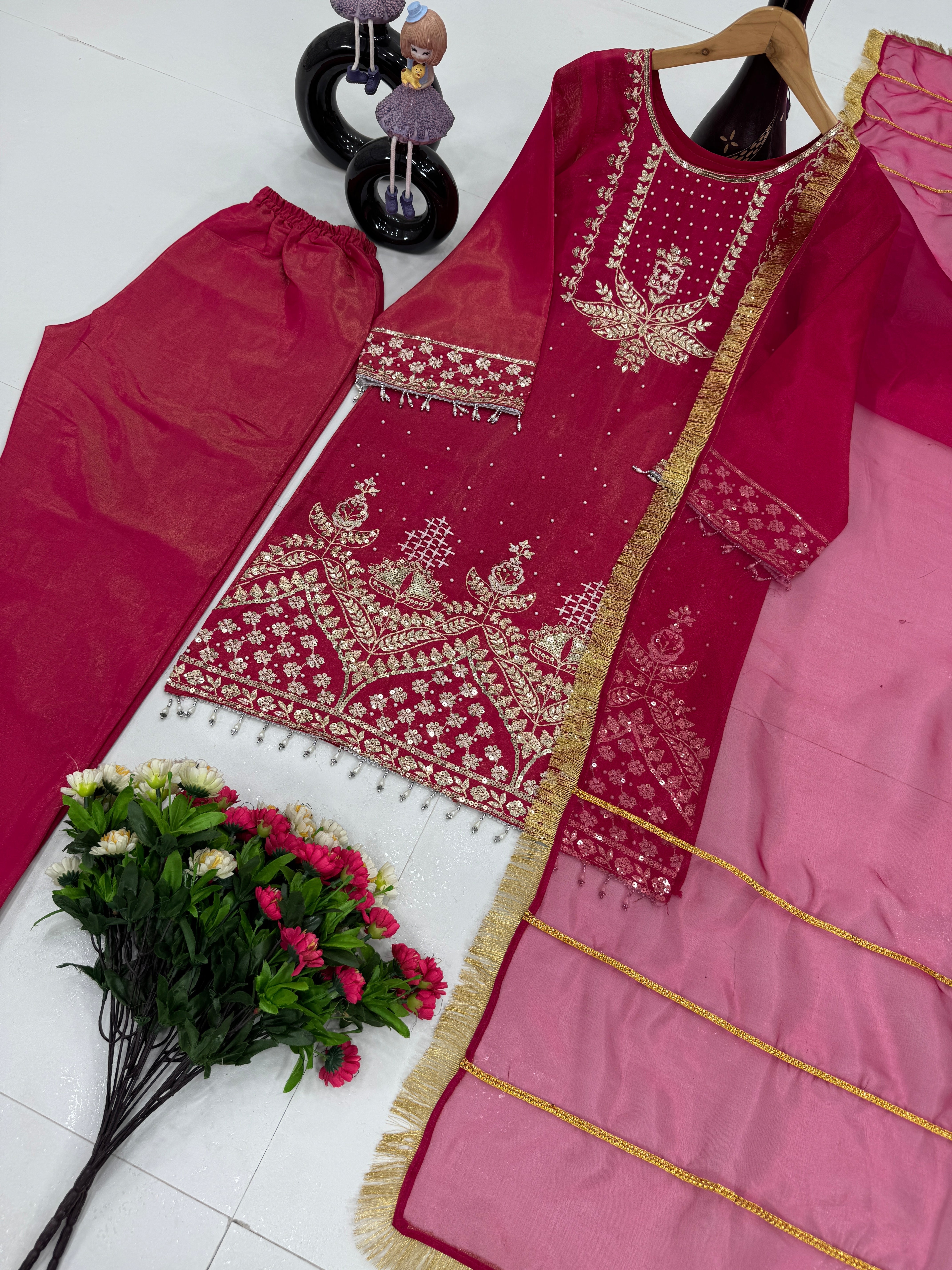 Designer Party Wear Top Bottom And Dupatta With Fancy Lace