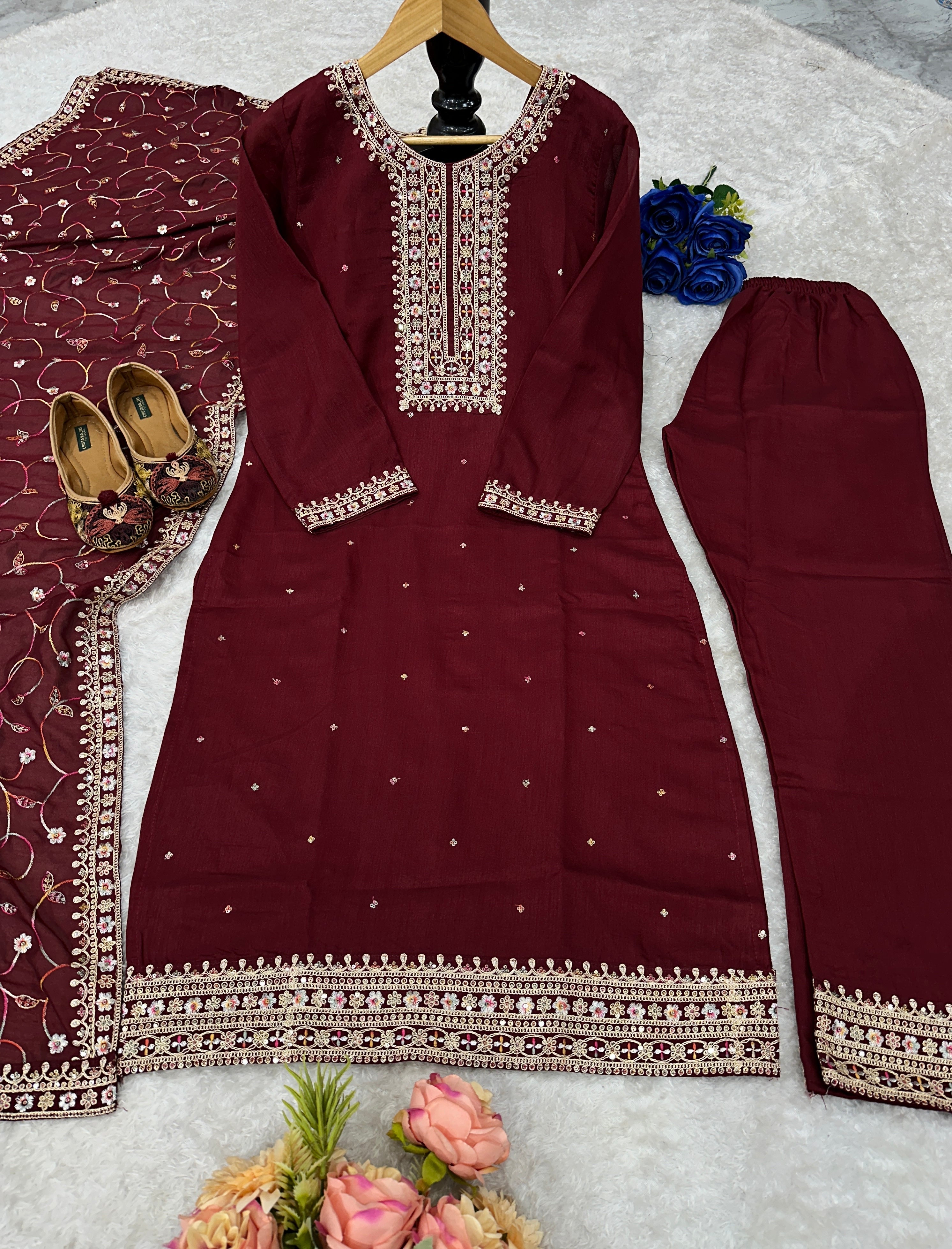 Party Wear Top Plazzo And Dupatta With Embroidery Work