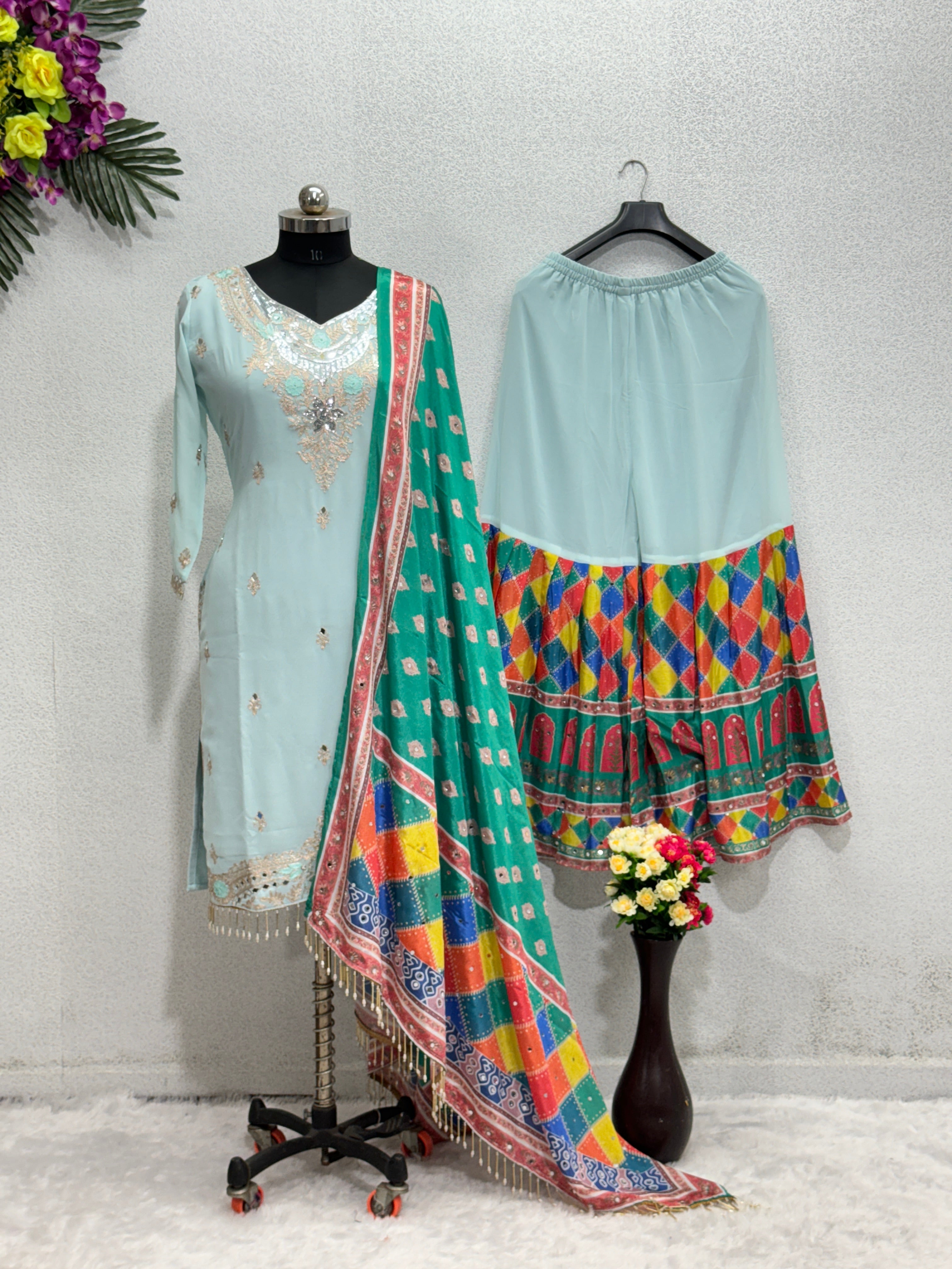Fancy Party Wear Top Plazzo And Dupatta
