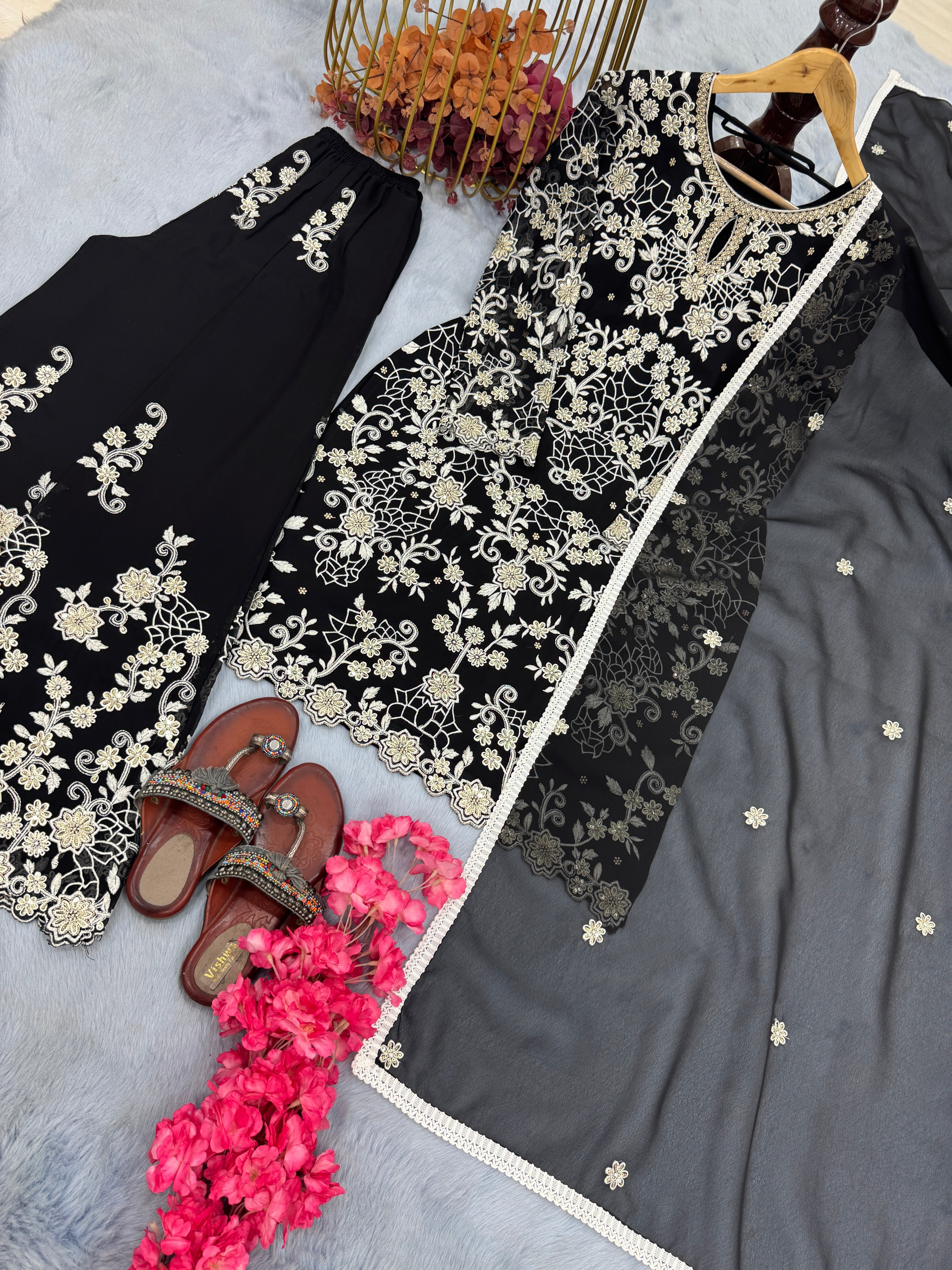 Party Wear Look Pure Heavy Faux Georgette Top Plazzo & Dupatta Set