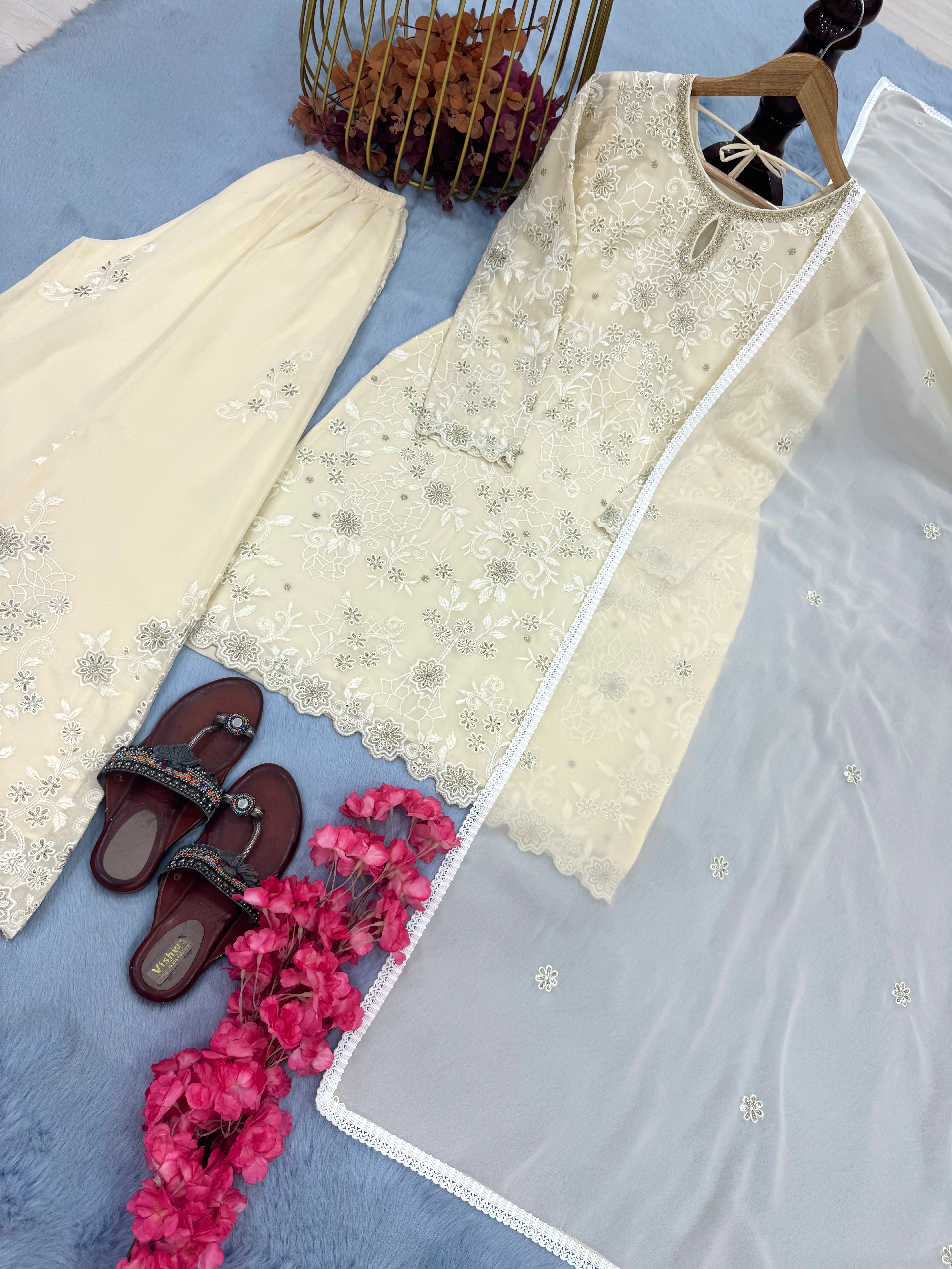 Party Wear Look Pure Heavy Faux Georgette Top Plazzo & Dupatta Set