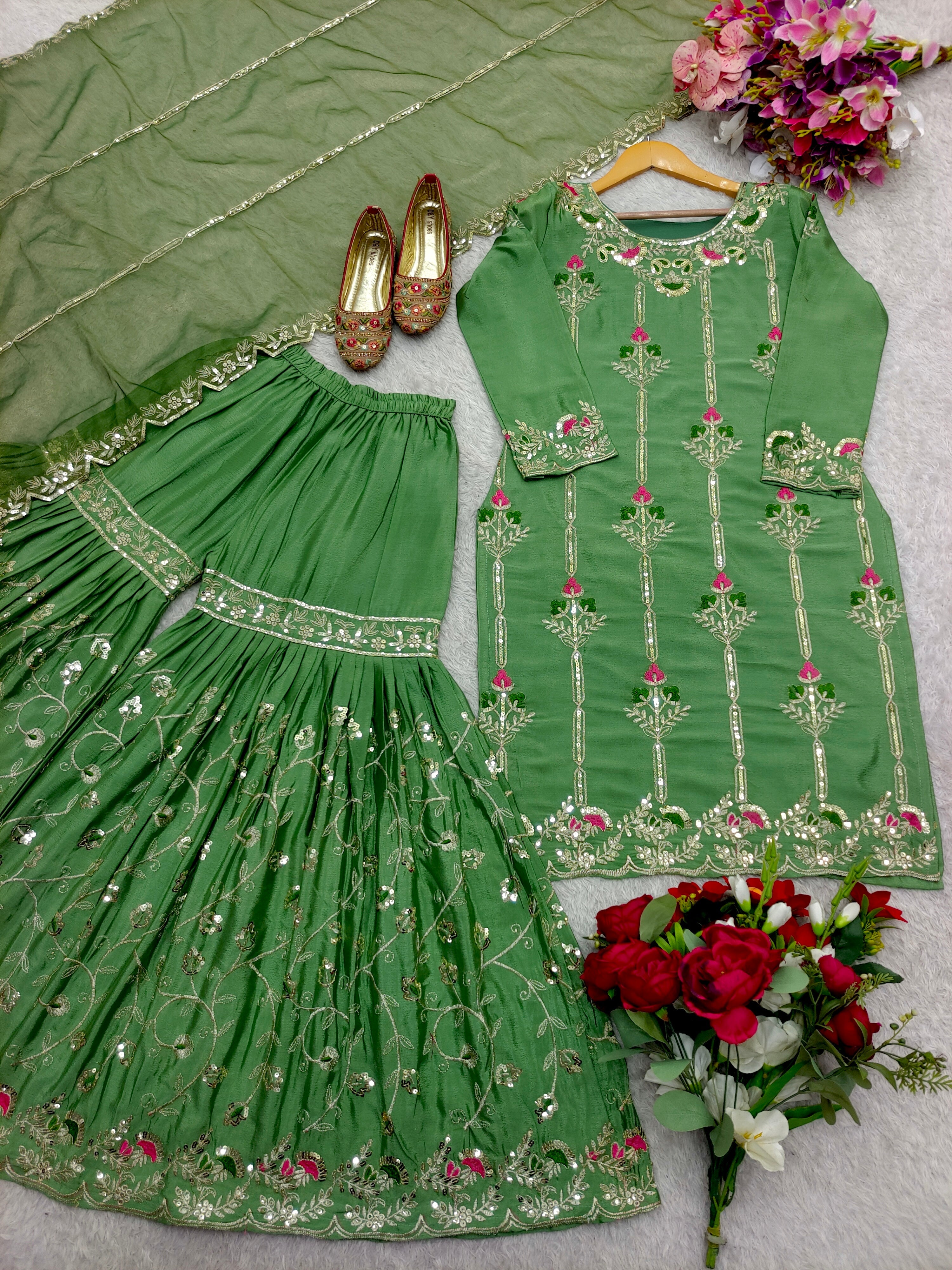 Designer Party Wear Top-Sarara And Dupatta Embroidery Sequence Work