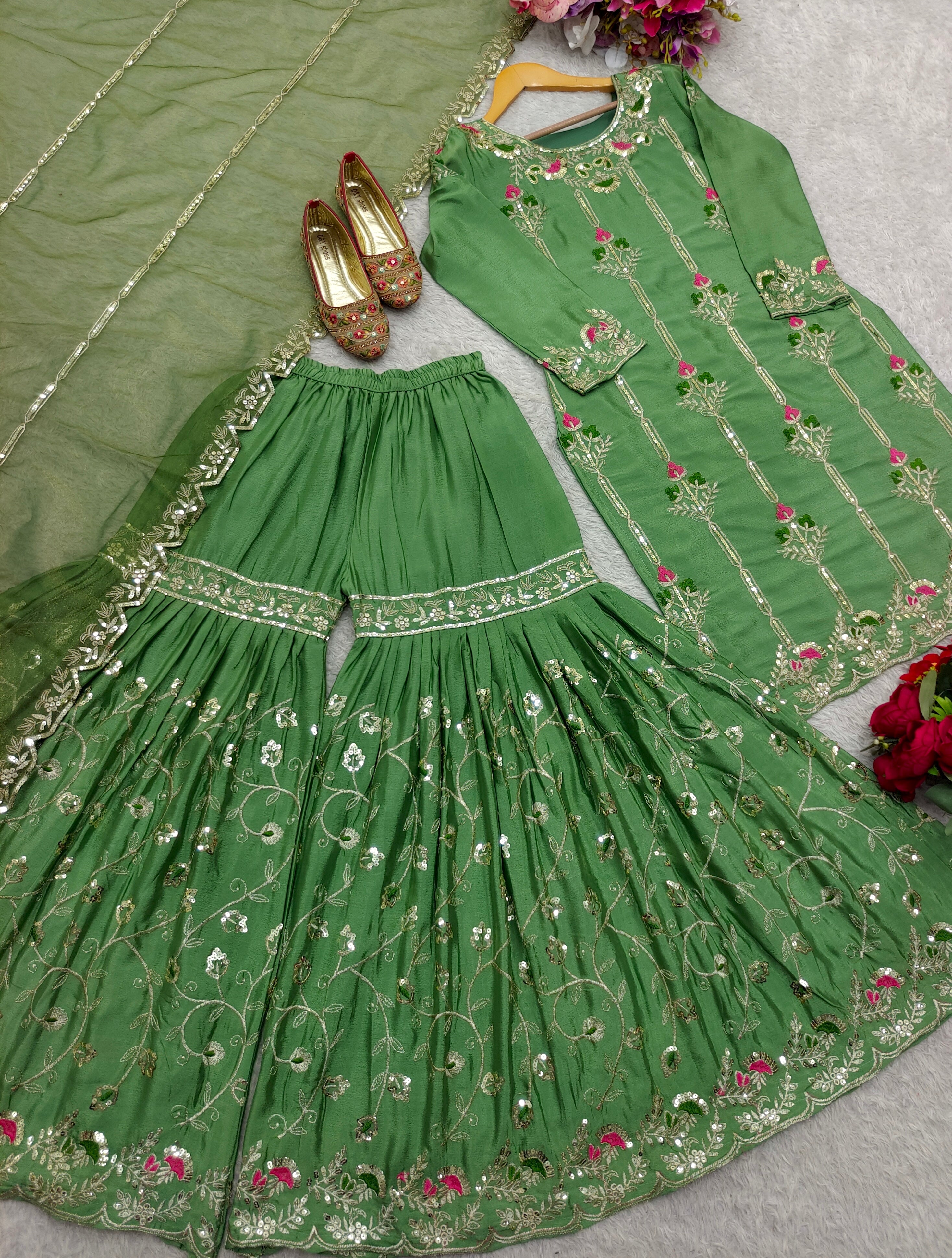 Designer Party Wear Top-Sarara And Dupatta Embroidery Sequence Work